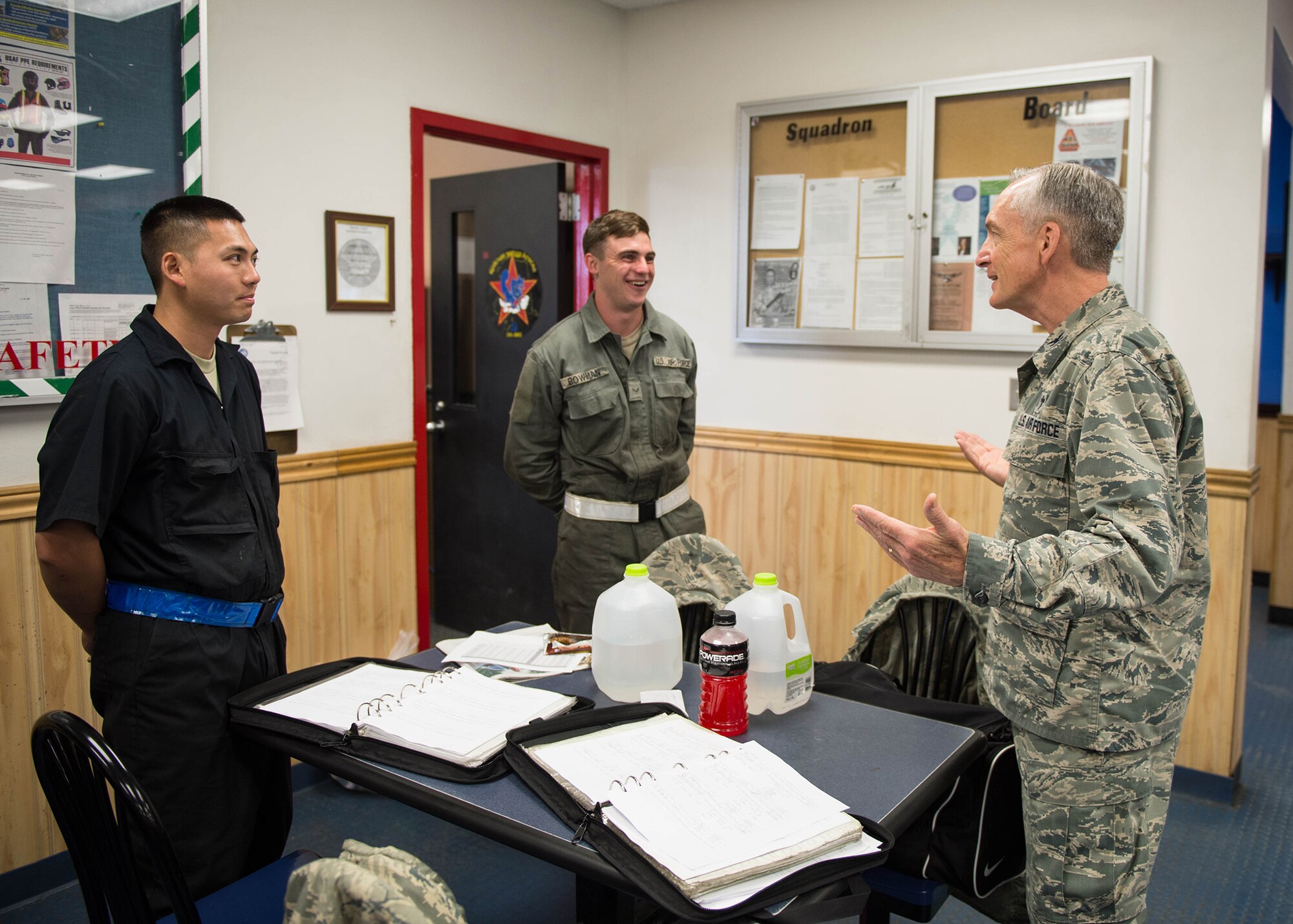 U.S. Air Force Col. Steven McCain, the Pacific Air Forces command chaplain, talks to Airmen deployed from the 18th Aircraft Maintenance Unit, Kadena Air Base, Japan, Aug. 9, 2016, during RED FLAG-Alaska (RF-A) 16-3 at Eielson Air Force Base, Alaska. The purpose of McCain’s visit was to observe the mission, get a feel for the climate of Airmen’s morale, and see the purpose and operations tempo of RF-A, an exercise where units train for contingency operations in a controlled. (U.S. Air Force photo by Staff Sgt. Shawn Nickel)
