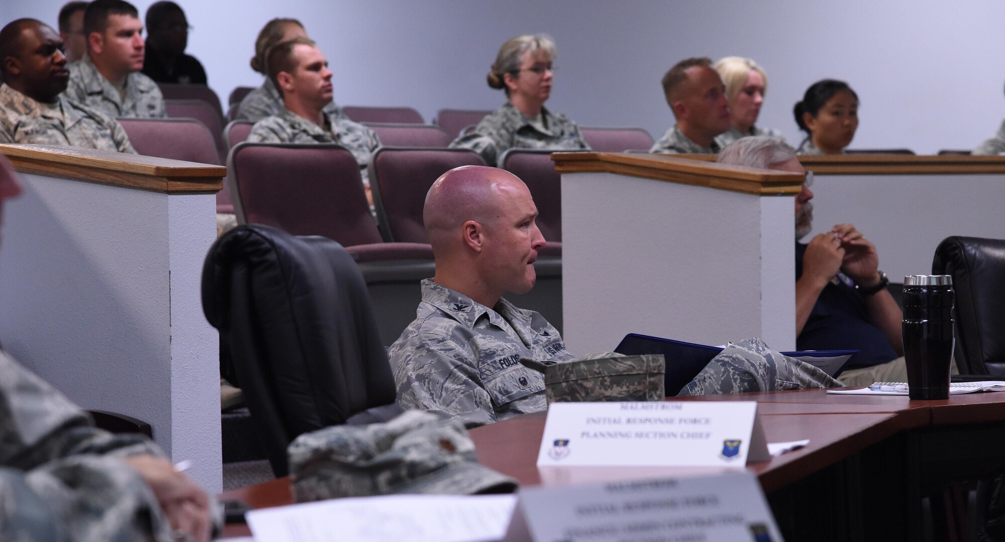 Col. Steven Folds, 341st Missile Wing vice wing commander, receives training with other members of the incident response force Aug. 9, 2016, at Malmstrom Air Force Base, Mont. The training was administered by member of U.S. Strategic Command’s response training force and is an annual requirement for all IRF personnel stationed at Air Force Global Strike Command nuclear mission bases. (U.S. Air Force photo/Senior Airman Jaeda Tookes)