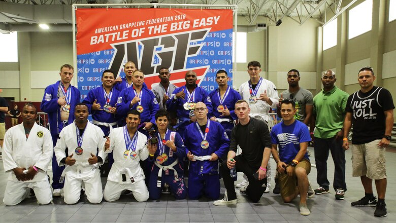 NEW ORLEANS – Marine Forces Reserve Legion, a mixed martial arts team comprised of Marines from Marine Corps Support Facility New Orleans, participated in the Battle of the Big Easy American Grappling Federation tournament at the Alario Center in New Orleans, Aug. 6, 2016. Marines of all experience levels competed in multiple fights throughout the day that resulted in MFR Legion winning a team total of 22 medals with 10 gold, nine silver and three bronze. (Marine Corps photo by Lance Cpl. Dallas Johnson)