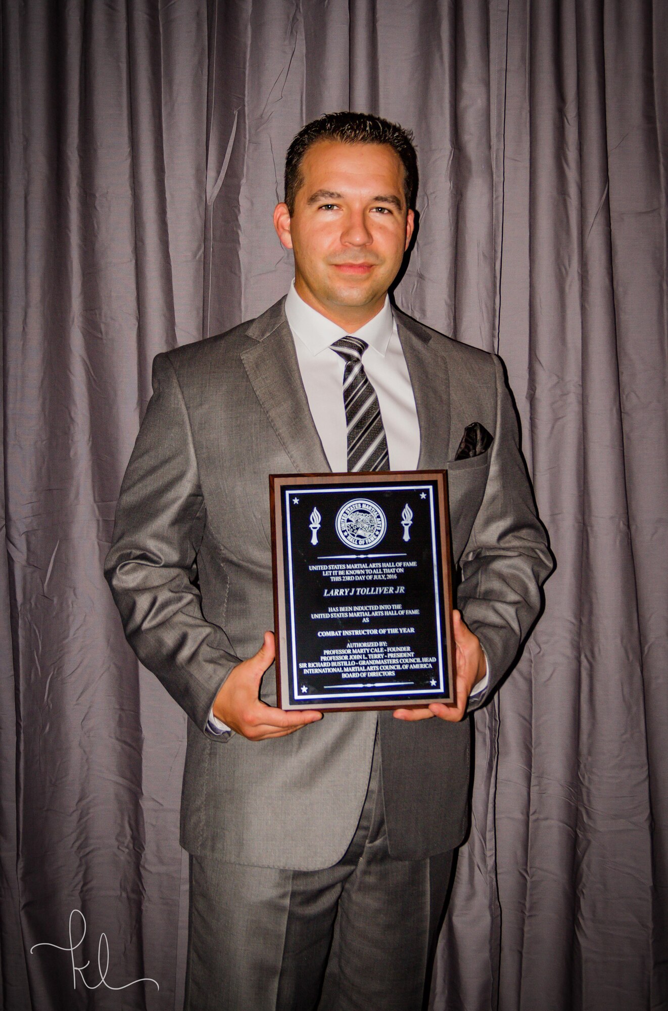 Tech. Sgt. Larry Tolliver Jr., 90th Missile Security Forces Squadron assistant first sergeant, is inducted into the United States Martial Arts Hall of Fame as the Combat Instructor of the Year, July 23, 2016, Dallas, Texas. He has 23 years of experience in Martial arts. (Courtesy Photo)