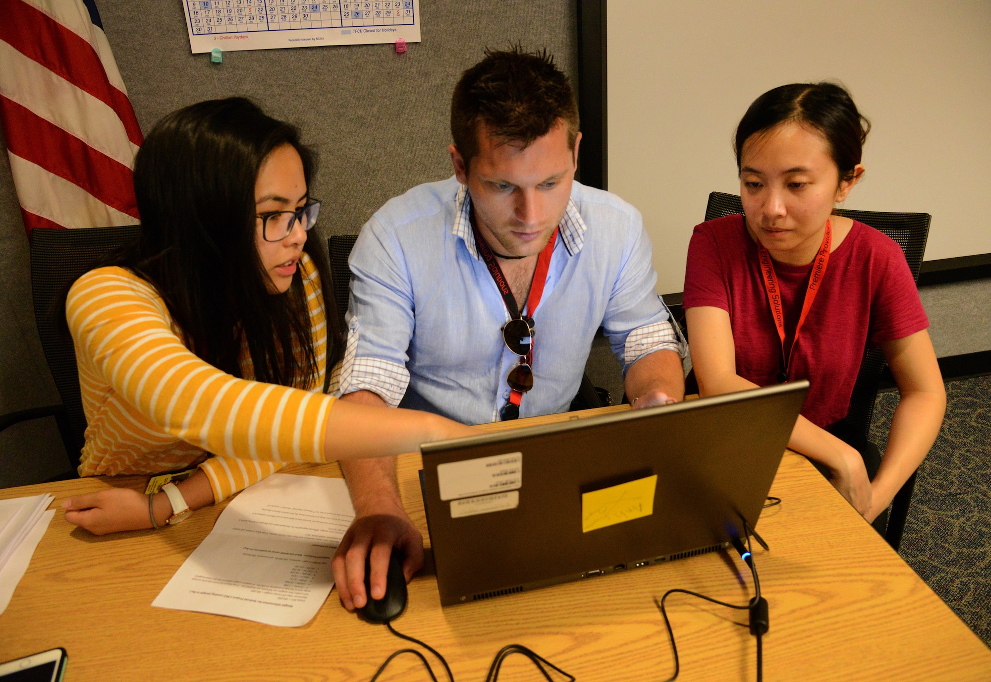Anh Than, Benjamin De Toy and Quynh Vu design an Android application for B-52 weapons loading as part of the 76th Software Maintenance Group’s summer internship program. The 30 interns, studying electrical or computer engineering at their respective universities, get a hands-on learning experience about the 76th SMXG’s processes during their time at Tinker. (Air Force photo by Kelly White)