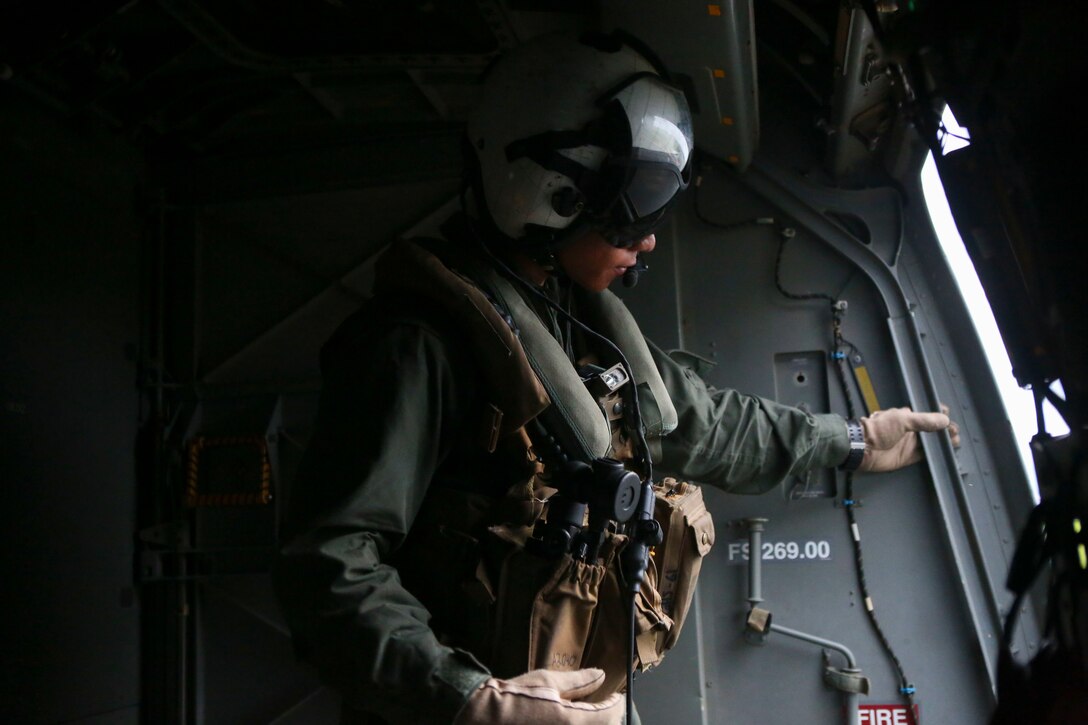 Corporal Leighton Anderson, a Los Angeles native, performs standard checks on an MV-22B Osprey before taking flight from Clark Air Base in the Philippines in support of Air Assault Support Exercise 16.2, Aug 1, 2016. Operating the MV-22B Osprey in the Philippines strengthens III MEF’s ability to provide aerial support during humanitarian assistance missions and fulfills other alliance roles as needed. Anderson is a crew chief with Marine Medium Tiltrotor Squadron 265, Marine Corps Aircraft Group 36, 1st Marine Aircraft Wing. (Marine Corps Photo by Lance Cpl. Carl King/Released)