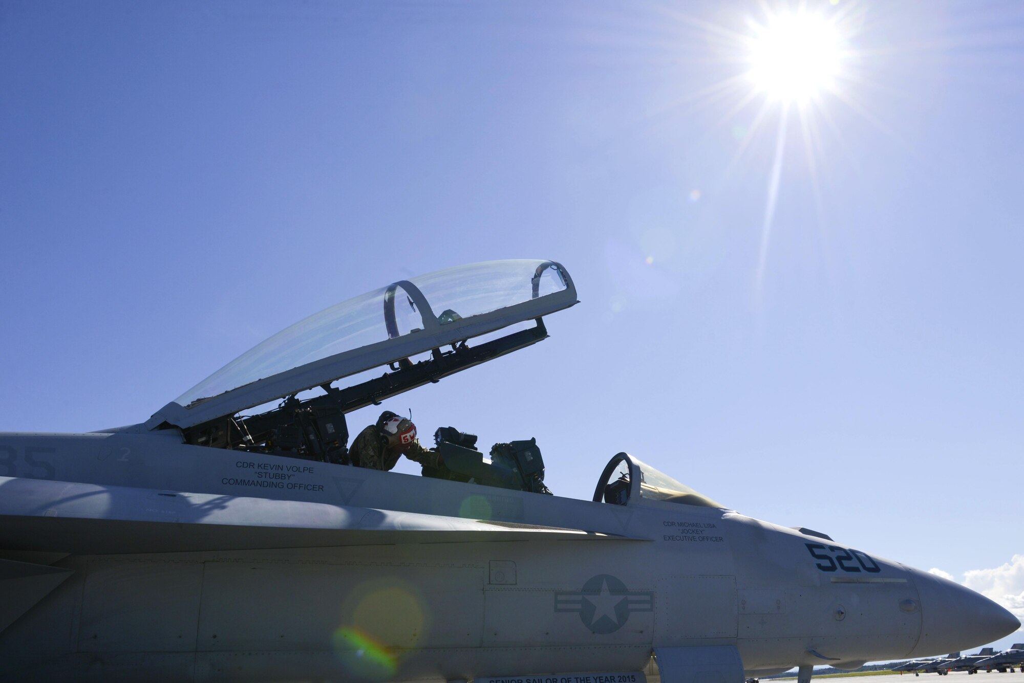 U.S. Navy Seaman Hiapo McCandless, an aviation ordnanceman assigned to Electronic Attack Squadron 135, Naval Air Station Whidbey Island, Wash., checks switches inside the cockpit of a U.S. Navy EA-18G Growler aircraft Aug. 10, 2016, during RED FLAG-Alaska 16-3, at Eielson Air Force Base, Alaska. The EA-18G Growler aircraft is the newest electronic attack aircraft built in more than 35 years. (U.S. Air Force photo by Airman Isaac Johnson)
