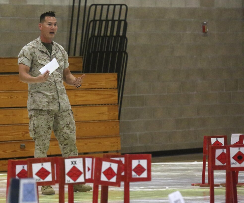 Capt. James Hunt, an intelligence officer with I Marine Expeditionary Force, briefs a portion of the operations order during a rehearsal of concepts drill for I MEF Large Scale Exercise 16 at Marine Corps Base Camp Pendleton, Calif., Aug. 5, 2016. The purpose of I MEF LSE-16 is to simulate a MEF-level deployment – more than 50,000 Marines and Sailors – at the request of a partner nation to engage a near-peer enemy force. (U.S. Marine Corps photo by Lance Cpl. Tyler Harrison/RELEASED)