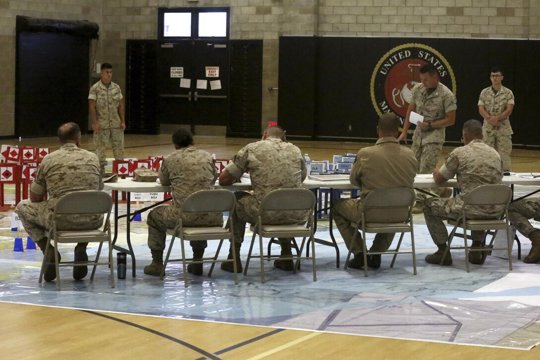 Senior leaders with I Marine Expeditionary Force take part in the rehearsal of concepts drill for I MEF Large Scale Exercise 16 at Marine Corps Base Camp Pendleton, Calif., Aug. 5, 2016. The purpose of LSE 16 is to test I MEF in major combat operations against a peer competitor. (U.S. Marine Corps photo by Lance Cpl. Tyler Harrison/RELEASED)