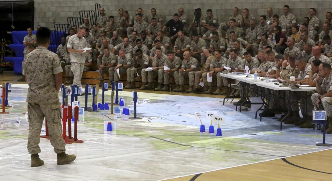 Senior leaders with I Marine Expeditionary Force take part in the rehearsal of concepts drill for I MEF Large Scale Exercise-16 at Marine Corps Base Camp Pendleton, Calif., Aug. 5, 2016. The purpose of LSE 16 is to test I MEF in major combat operations against a peer competitor. (U.S. Marine Corps photo by Lance Cpl. Tyler Harrison/RELEASED)