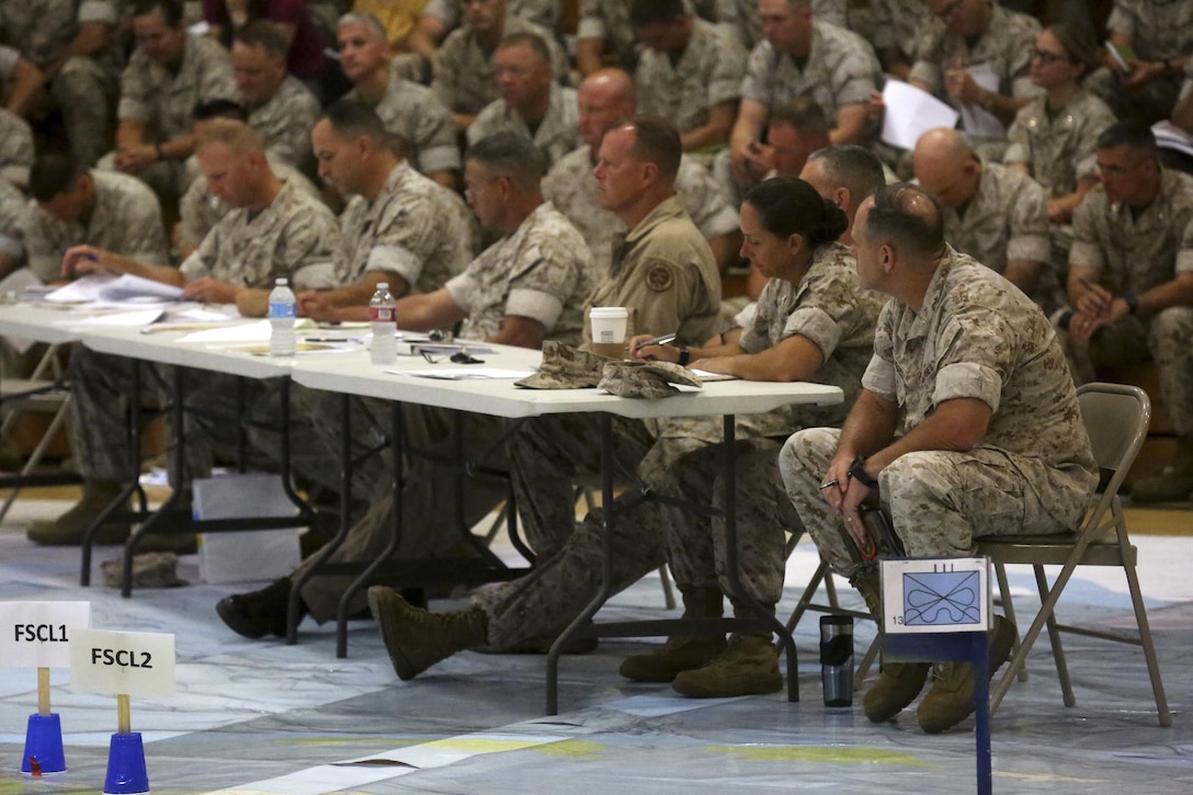 Senior leaders with I Marine Expeditionary Force take part in the rehearsal of concepts drill for I MEF Large Scale Exercise 16 at Marine Corps Base Camp Pendleton, Calif., Aug. 5, 2016. I MEF has been tasked by the Commandant of the Marine Corps to maintain a fighting force capable of deploying and conducting major combat operations against a near-peer foe across the globe. (U.S. Marine Corps photo by Lance Cpl. Tyler Harrison/RELEASED)
