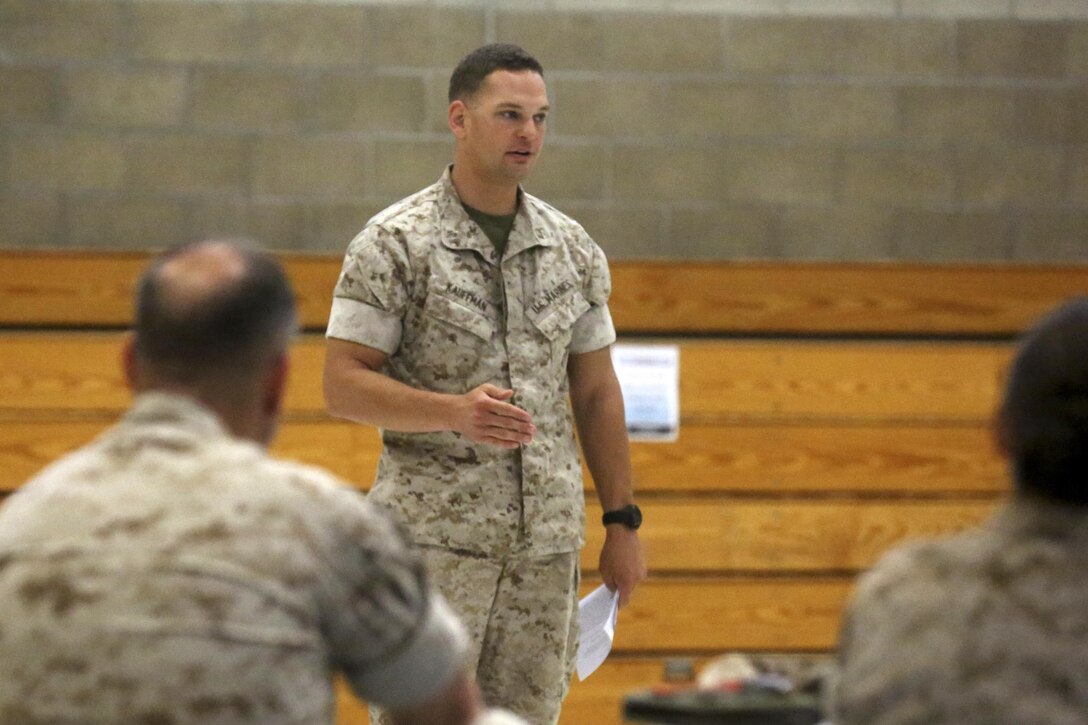 Capt. Kyle Kauffman, an action officer with I Marine Expeditionary Force, briefs a portion of the operations order during a rehearsal of concepts drill for I MEF Large Scale Exercise 16 at Marine Corps Base Camp Pendleton, Calif., Aug. 5, 2016. LSE 16 tests I MEF’s ability to plan, deploy and command and control a force of more than 50,000 Marines and Sailors against a near-peer enemy force. (U.S. Marine Corps photo by Lance Cpl. Tyler Harrison/RELEASED)