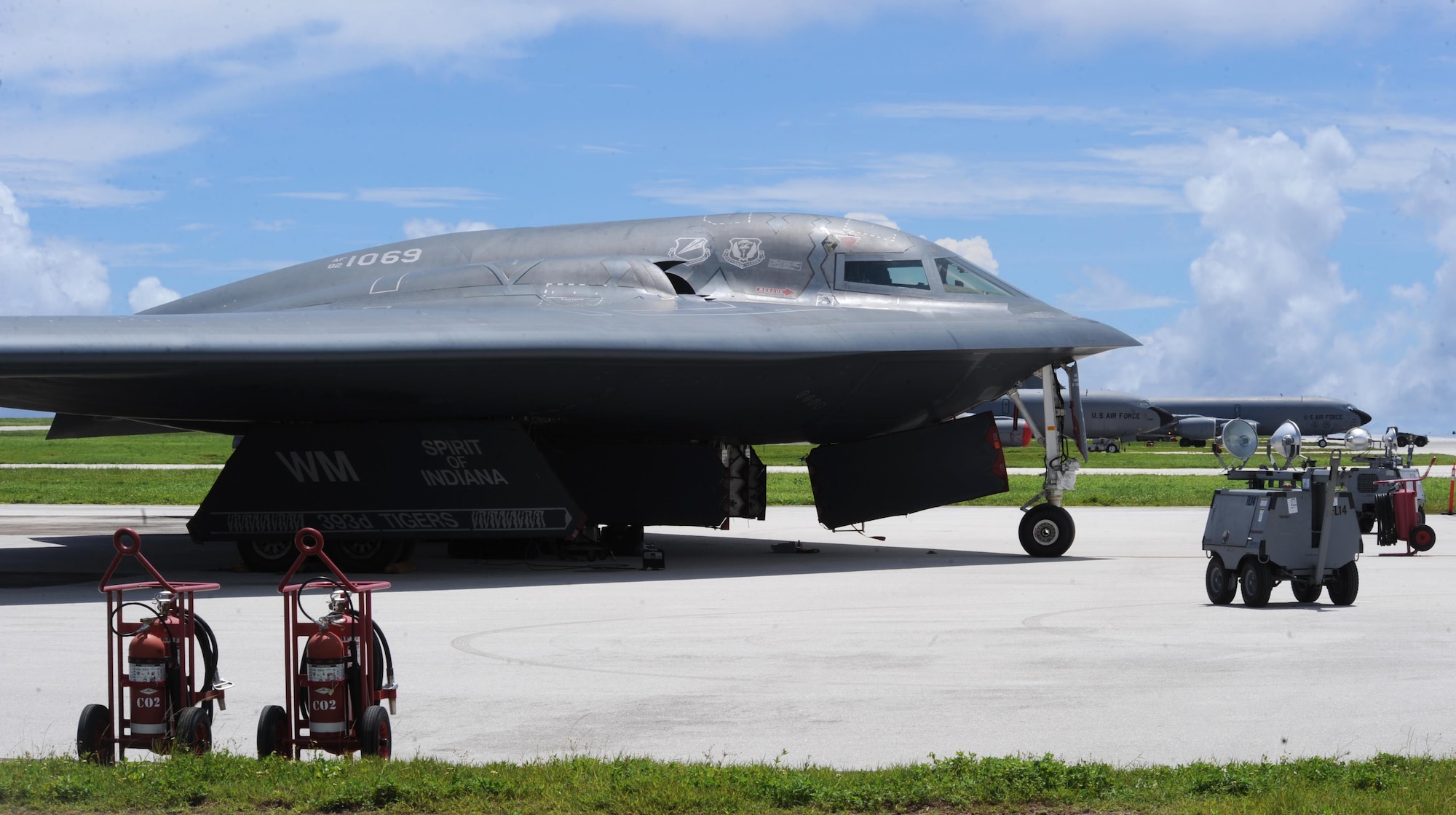 A U.S. Air Force B-2 Spirit deployed from Whiteman Air Force Base, Mo., sits on the parkway at Andersen Air Force Base, Guam, Aug. 10, 2016. More than 200 Airmen and three B-2s deployed from Whiteman supporting bomber operations providing a visible demonstration of the U.S. ability to project power globally and respond to any potential crisis or challenge. (U.S. Air Force photo by Tech. Sgt. Miguel Lara III)