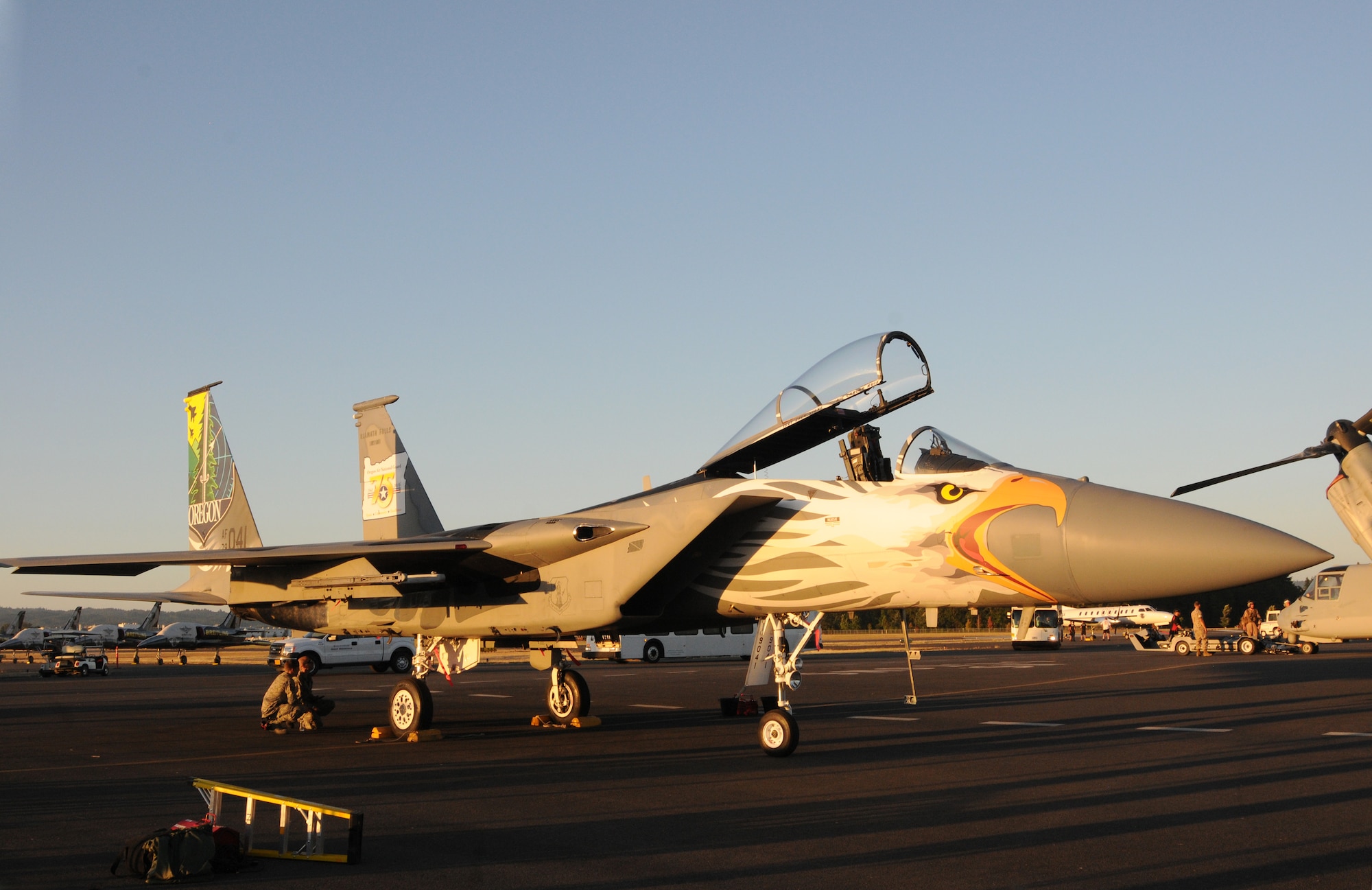 An Oregon Air National Guard F-15 Eagle assigned to the 173rd Fighter Wing is parked on the Hillsboro International Airport, Ore., flightline as part of the Oregon International Air Show, Aug. 5, 2016. The ‘Screaming Eagle’ paint designed is in recognition of the 75th Anniversary of the Oregon Air National Guard. (U.S. Air National Guard photo by Tech. Sgt. John Hughel, 142nd Fighter Wing Public Affairs/Released).