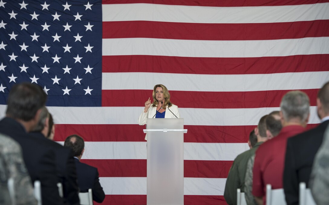 Secretary of the Air Force Deborah Lee James speaks during the F-35A Lightning II initial operational capability ceremony Aug. 5, 2016, at Hill Air Force Base, Utah. (U.S. Air Force photo/Staff Sgt. Andrew Lee)
