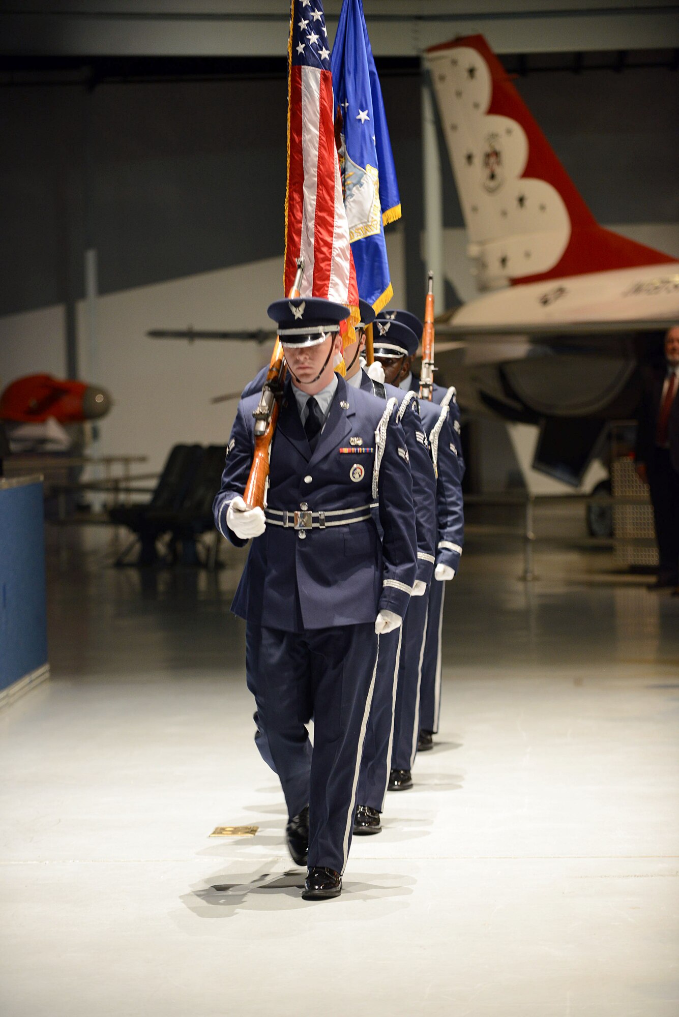 Members of the Robins Honor Guard present the colors during the Warner Robins Air Logistics Complex Change of Command ceremony, August 9, 2016. (U.S. Air Force photo by Tommie Horton)

