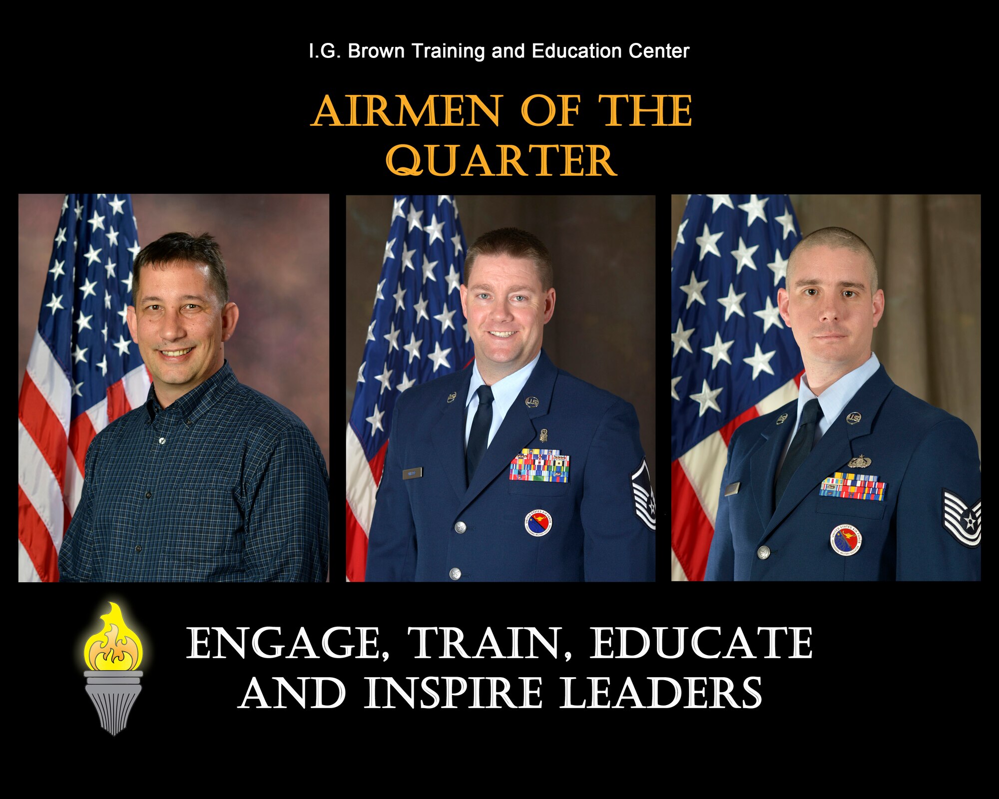 David Barlow, graphics manager for the Media and Engagement Division, TEC TV (civilian of the quarter), Master Sgt. Jason Miller, Distance Learning superintendent, senior EPME instructor for the Chief Master Sergeant Paul H. Lankford Enlisted Professional Military Education Center (senior NCO of the quarter), and Tech. Sgt. Michael Wells, EPME instructor for the Lankford Center (NCO of the quarter), are recognized for their outstanding service from April to June 2016, at the I.G. Brown Training and Education Center located on McGhee Tyson Air National Guard Base in Louisville, Tenn. (U.S. Air National Guard file photo illustration)