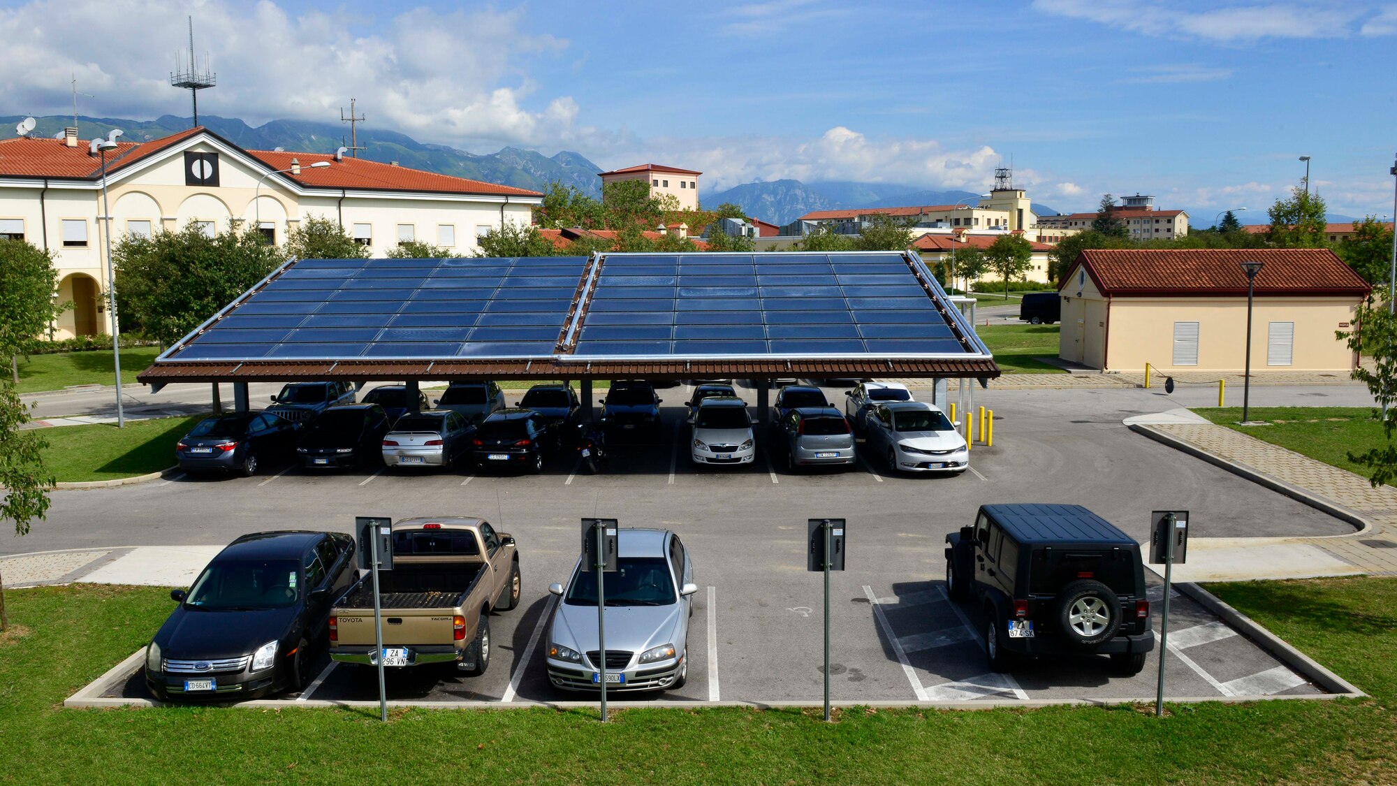 Since 2010, Aviano Air Base, Italy, has incorporated energy efficient plans for new and future infrastructure to meet the Air Force’s renewable energy plan. Some of the main projects for the Aviano Renewable program involve thermal insulation for roofs and exterior walls, solar-heating systems for domestic hot water production and solar panels to provide electricity. (U.S. Air Force photo by Airman 1st Class Cary Smith/Released)