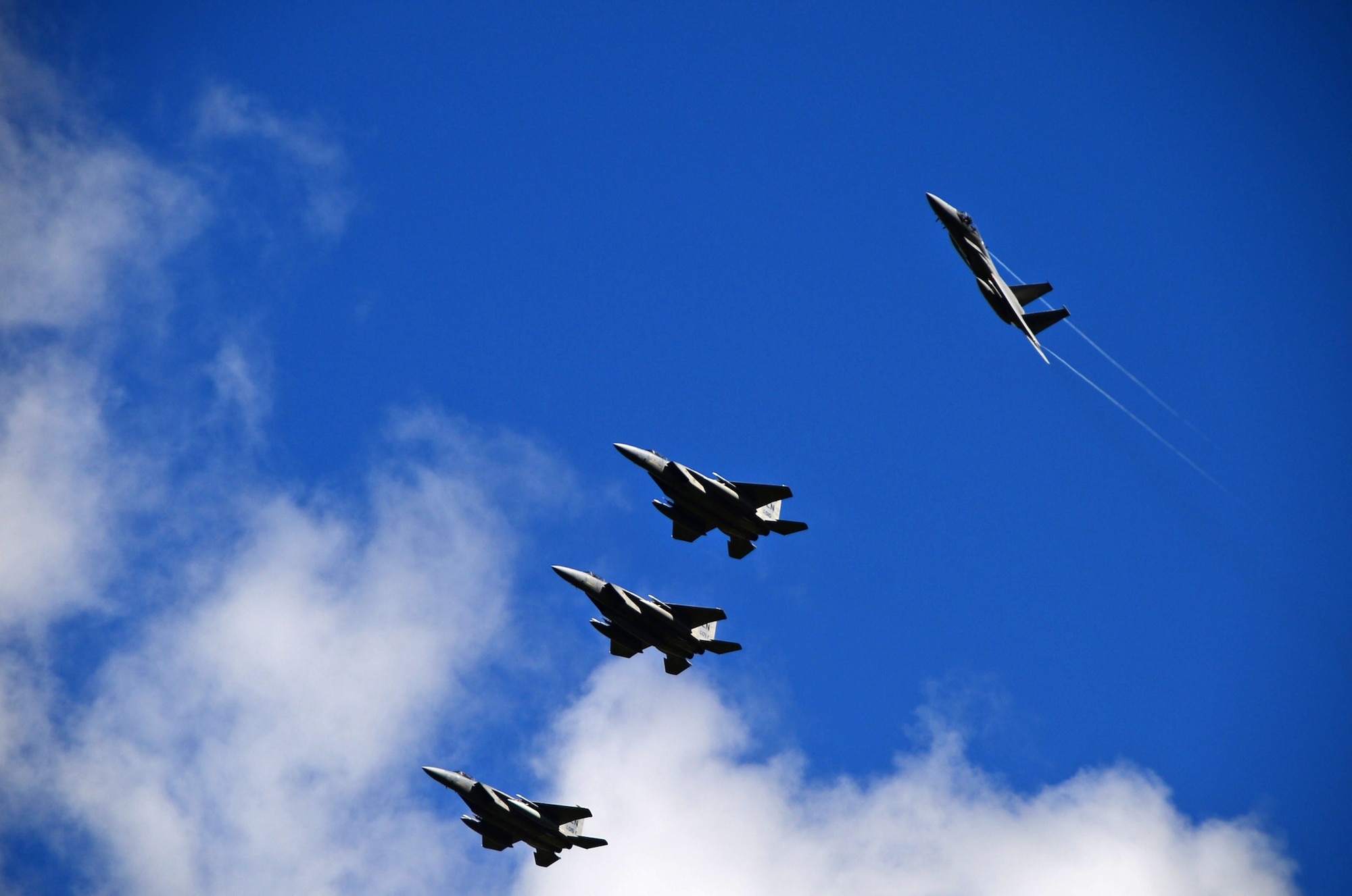 Sixteen United States Air Force F-15C Eagles - a total of 12 from the 493rd Fighter Squadron, RAF Lakenheath, U.K., and four from the 194th Expeditionary Fighter Squadron  currently deployed to Campia Turzi, Romania, in support of Theater Security Package - along with approximately 300 personnel will deploy to Ämari Air Base, Estonia, from August 15 to Sept. 2, 2016. These units will participate in flying training with other air forces from Estonia, Finland, Sweden, and the United Kingdom in Estonia. This multi-lateral training will focus on dissimilar air training while building interoperability capabilities. This deployment is part of Operation Atlantic Resolve and continues to demonstrate our commitment to our Allies and partners and to European security and stability. (U.S. Air Force Photo/ Senior Airman Erin Trower)