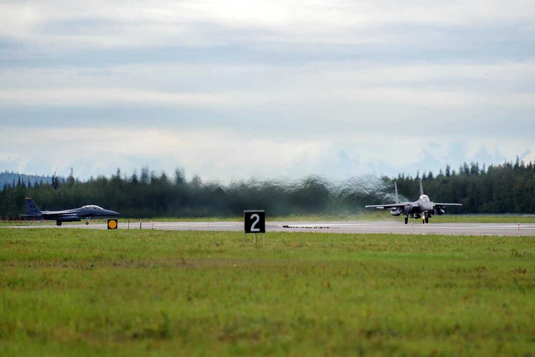 Air Force F-15E Strike Eagle aircraft takes off during Red Flag Alaska 16-3 at Eielson Air Force Base, Alaska, Aug. 5, 2016. Air Force photo by Staff Sgt. Shawn Nickel
