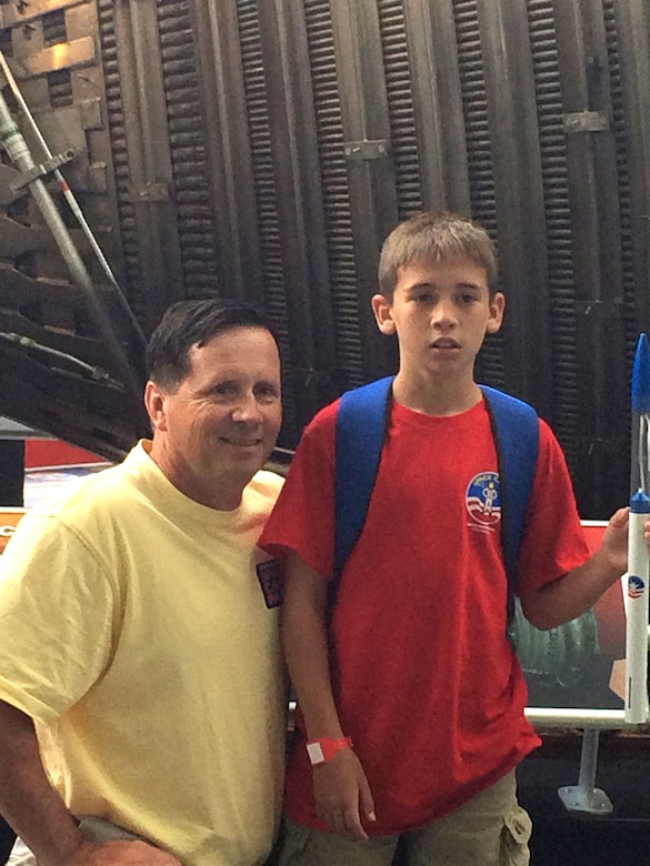 Russ Dunford, left, chief of operations for the Engineering and Support Center, Huntsville, celebrates a successful week of Space Camp with Conner Mullins, who hails from Dunford’s hometown in West Virginia. Dunford sponsored Mullins’ week at Space Camp. 
