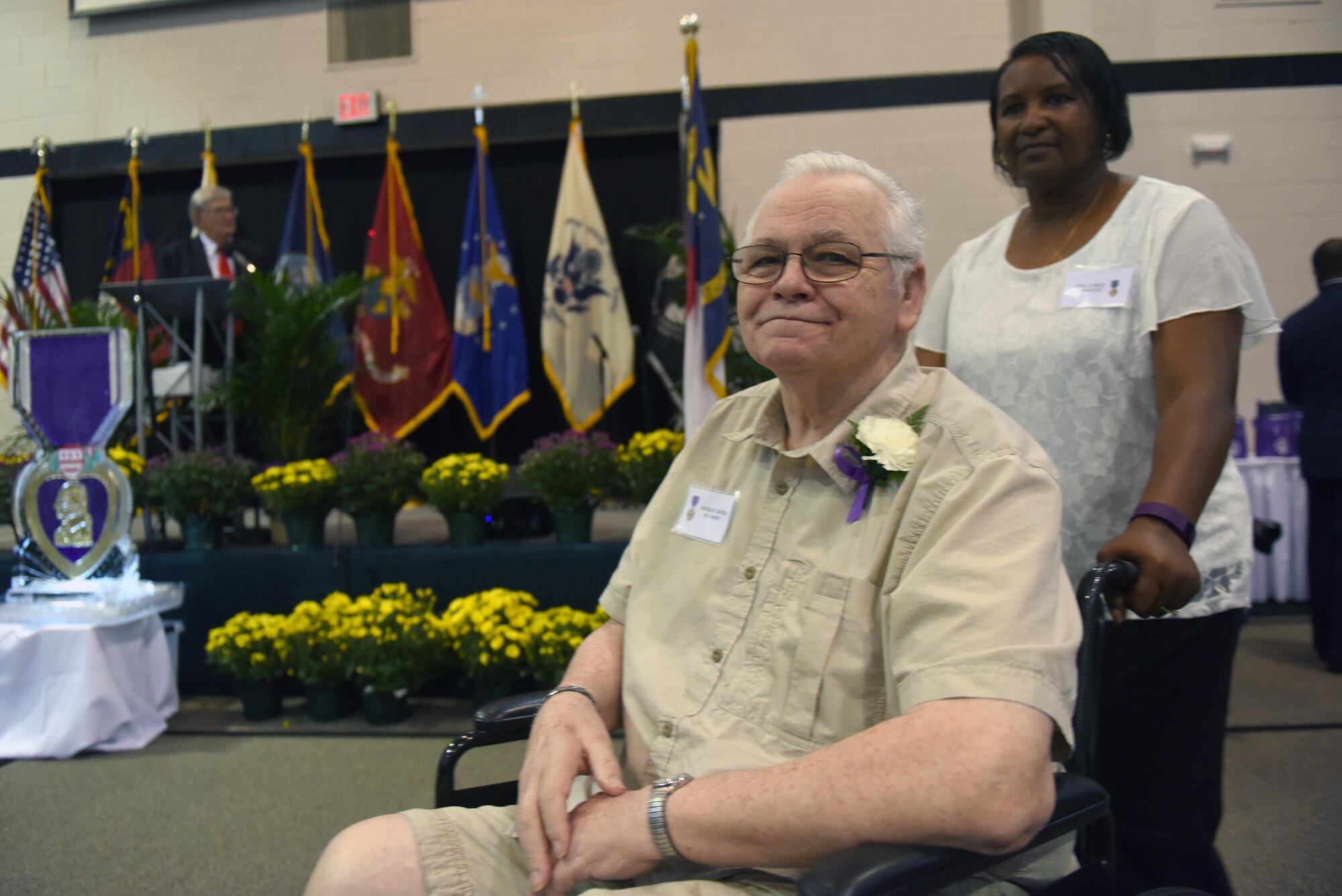 Purple Heart recipients are recognized during a Purple Heart dinner, Aug. 5, 2016, in Goldsboro, North Carolina. The annual banquet is held to honor local Purple Heart recipients and their families for their sacrifices and patriotism. (U.S. Air Force photo/Airman 1st Class Ashley Williamson)