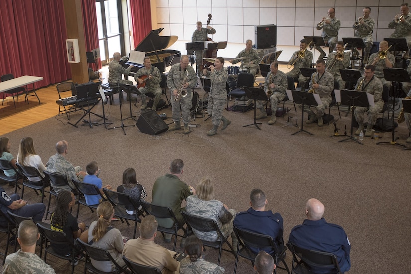 The U.S. Air Force Jazz Band performs during an immersion tour at Joint Base Anacostia-Bolling in Washington, D.C., Aug. 9, 2016. The purpose of the visit was for Col. E. John Teichert, 11th Wing and Joint Base Andrews commander, and Chief Master Sergeant Beth Topa, 11th WG command chief master sergeant, to become more familiar with the U.S. Air Force Band and Honor Guard missions. (U.S. Air Force Photo by Airman 1st Class Rustie Kramer)