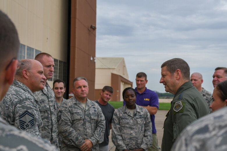 AFGSC Commander Gen. Robin Rand discusses the future of the B-52 Stratofortress with Airmen from the 307th Maintenance Group on August 8, 2016, Barksdale Air Force Base, La. Rand met with the Airmen to recognize two top performers in the Group. (U.S. Air Force photo by Master Sgt. Dachelle Melville)