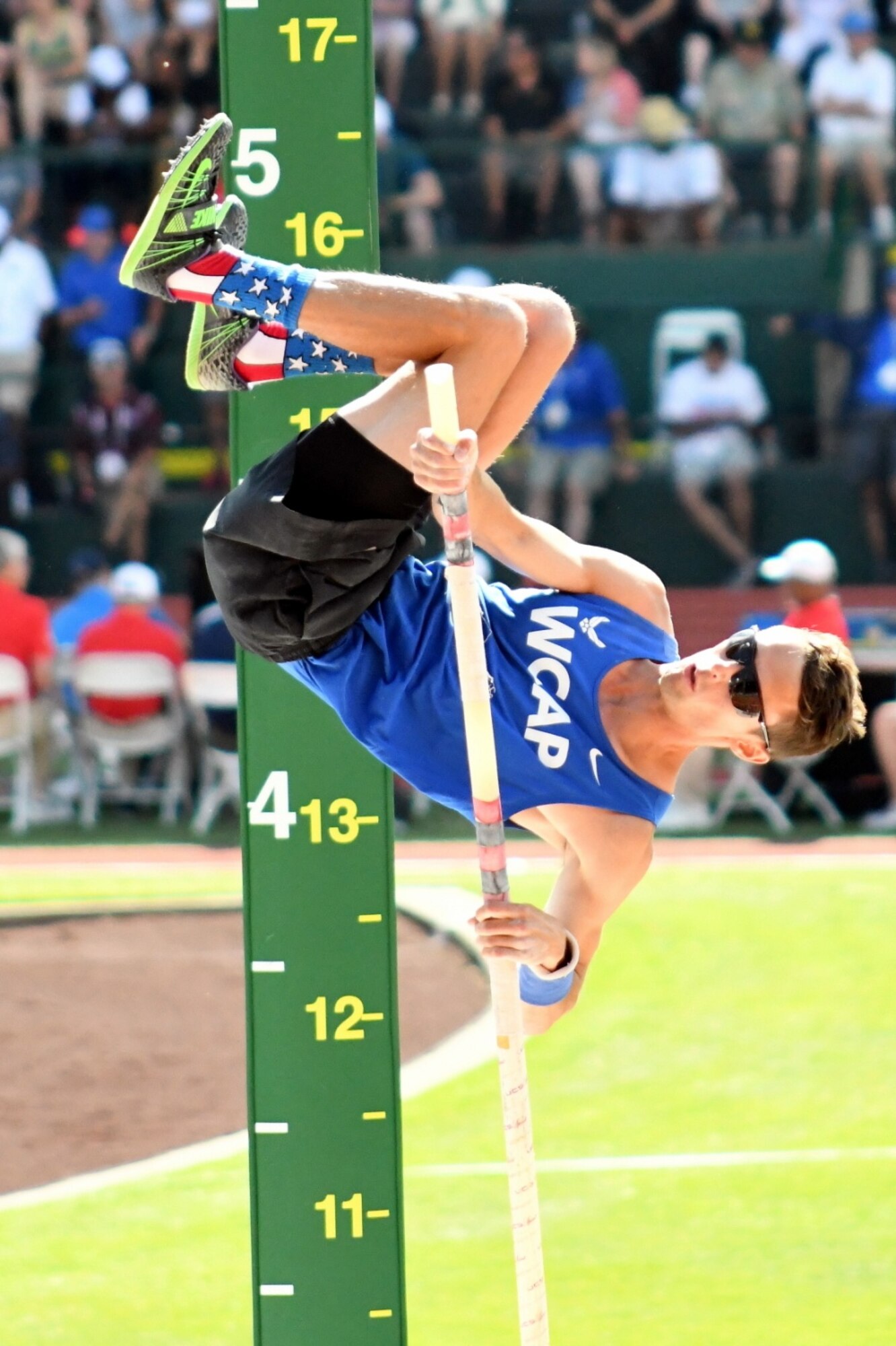 U.S. Air Force 1st Lt. Cale Simmons competes in the men's pole vault finals July 4. The U.S. Olympic Team Track and Field Trials were held July 1-10 in Eugene, Oregon. Simmons finished second with a jump of 5.65 meters, or 18-feet, 6 1/2 inches, to claim his spot on the U.S. Olympic pole vault team. (Photo courtesy Tom "Drac" Williams)
