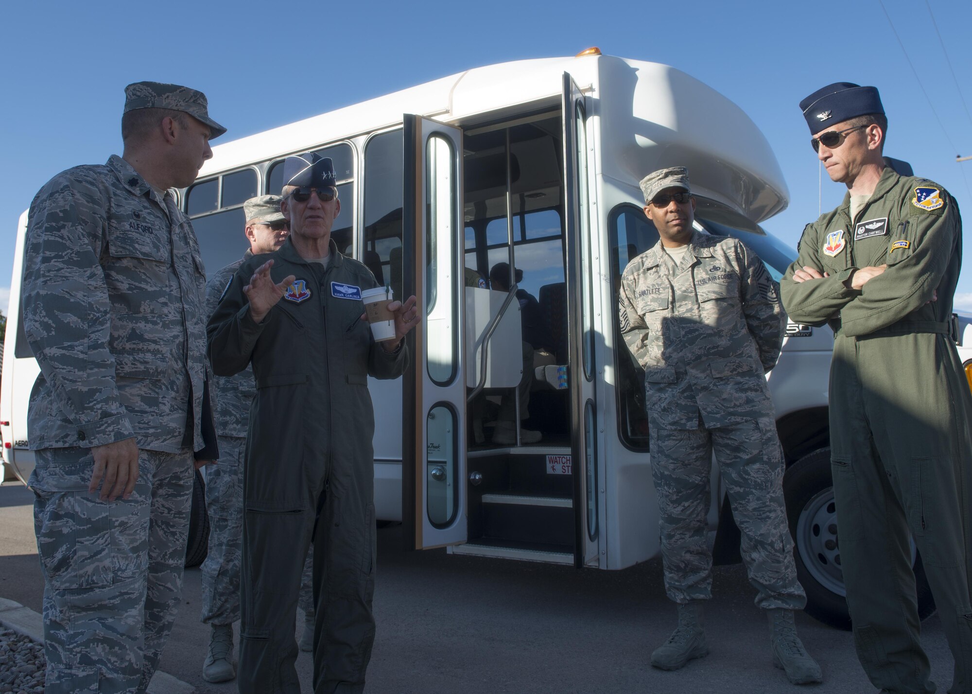 Gen. Hawk Carlisle (left center), the commander of Air Combat Command, discusses progress of the new 49th Medical Group facility with Holloman leadership at Holloman Air Force Base, N.M. Aug. 4, 2016. Carlisle visited Holloman to hold an all-call, conduct a round-table discussion with Holloman leadership, and recognize superior performers at various work centers. (U.S. Air Force photo by Staff Sgt. E’Lysia A. Wray)