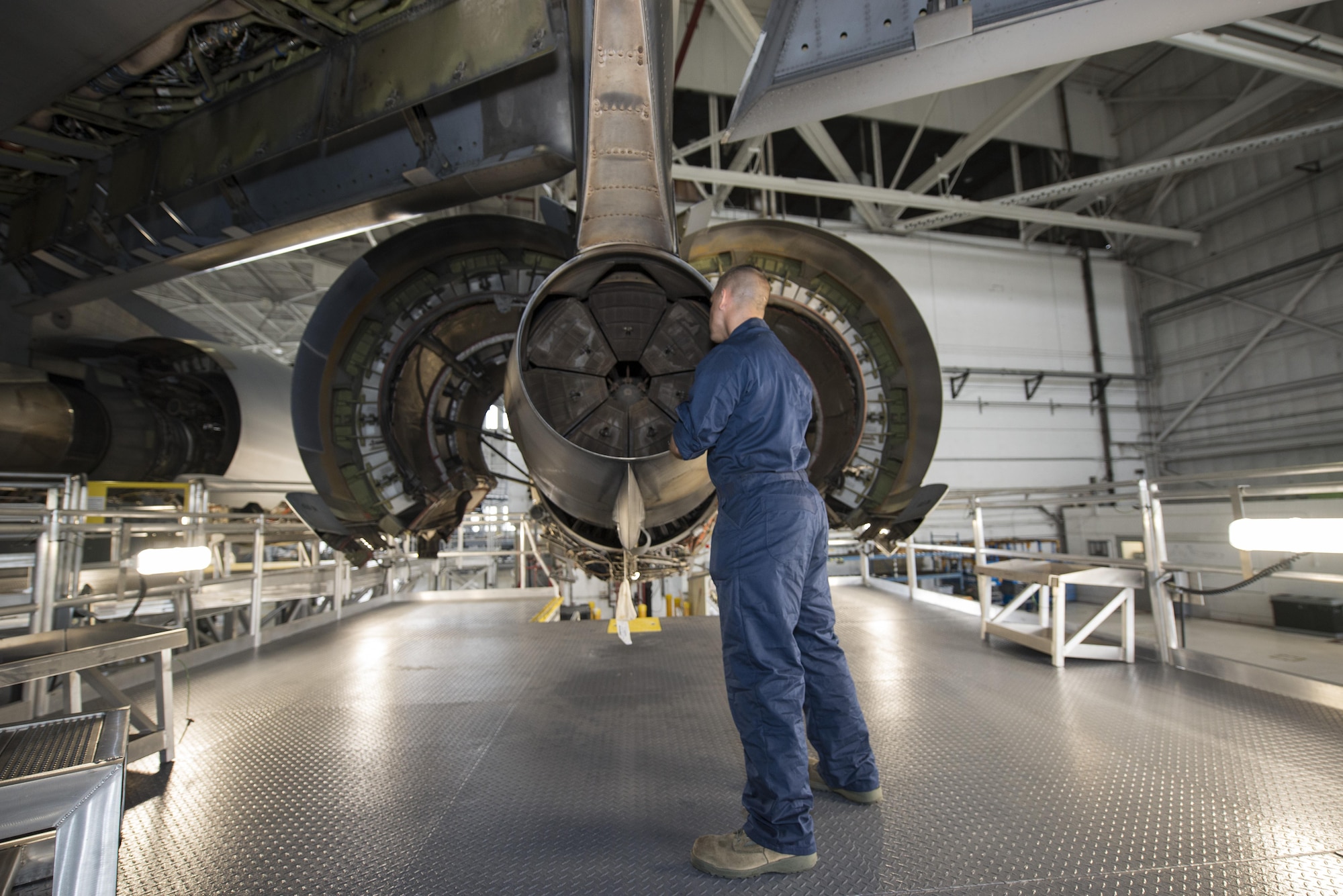 Senior Airman Austin Toniolo, 736th Aircraft Maintenance Squadron crew chief, stands on one of the squadron’s new C-17 Engine Maintenance Platforms while inspecting a C-17A Globemaster III engine Aug 1, 2016, at Dover Air Force Base, Del. Each week the squadron’s home station check team inspects an aircraft assigned to the 436th Airlift Wing. The stands provide a more stable platform for Airmen as they inspect the aircraft engines. (U.S. Air Force photo by Senior Airman Aaron J. Jenne)
