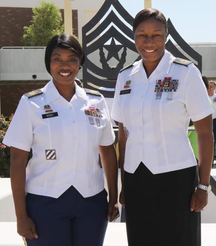 Army Sgts. Maj. Kenya L. Berry and Tara J. Haywood, both Milledgeville, Georgia natives, stand together at the United States Army Sergeants Major Academy at Fort Bliss, Texas, June 17, 2016. Berry and Haywood are lifelong friends and both honor graduates of Class 66 of the Sergeants Major Course at USASMA. Army photo by Command Sgt. Maj. Montigo D. White