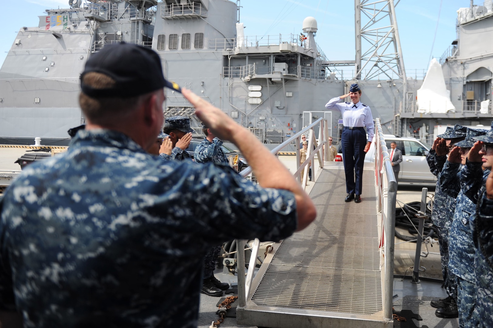 Gen. Lori Robinson, commander, North American Aerospace Defense Command and U.S. Northern Command is saluted by Cmdr. Stefan Walch, commanding officer of Arleigh Burke-class destroyer USS Gonzalez (DDG 66) while coming aboard Gonzalez Aug. 11, 2016. The General’s visit to Norfolk includes a maritime domain awareness brief at the U.S. Fleet Forces Maritime Operations Center, a tour of Gonzalez and a hall of fame induction ceremony at the Joint Forces Staff College. 