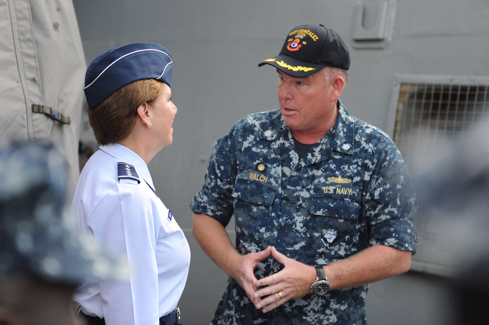 Cmdr. Stefan Walch, commanding officer of USS Gonzalez (DDG 66), speaks to Gen. Lori Robinson, commander, North American Aerospace Defense Command and U.S. Northern Command,  after a tour of the ship Aug. 11, 2016. The General’s visit also included a maritime domain awareness brief at the U.S. Fleet Forces Maritime Operations Center and a hall of fame induction ceremony at the Joint Forces Staff College. 