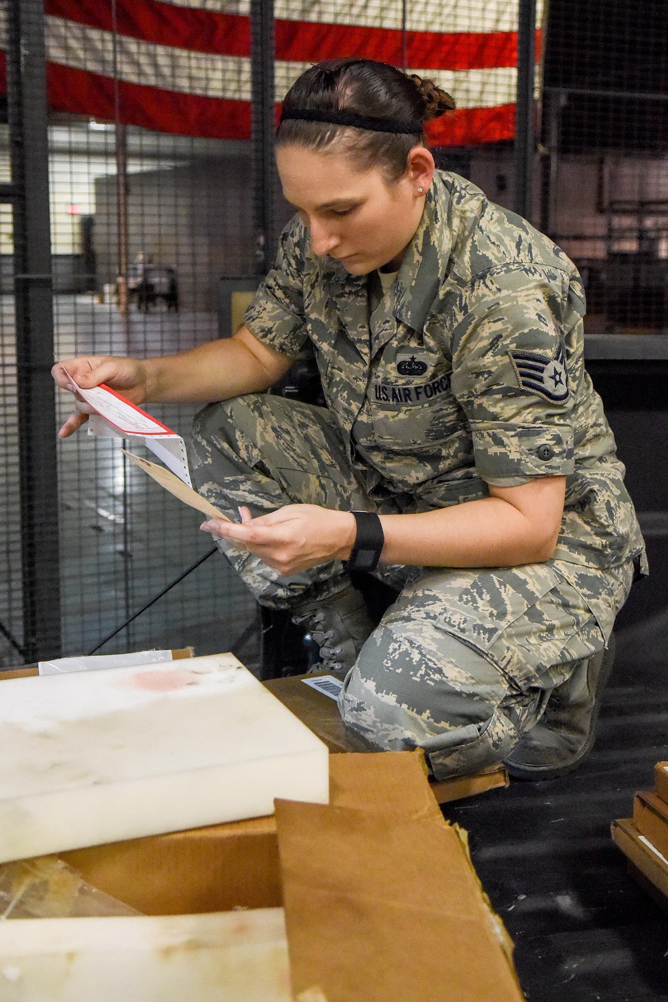 Staff Sgt. Kacey Murphey, 4th LRS assistant NCO in-charge of Centralized Repair Facility, checks in parts from a maintenance back shop, Aug. 3, 2016, at Seymour Johnson Air Force Base, North Carolina. The CRF is designed to save the Air Force money and manpower by having maintainers fix aircraft parts on station and house them in the CRF, where they are then cataloged and made available through the Execution and Prioritization of Repair Support System for other bases to order from and have sent to their base. (U.S. Air Force photo by Airman Shawna L. Keyes)