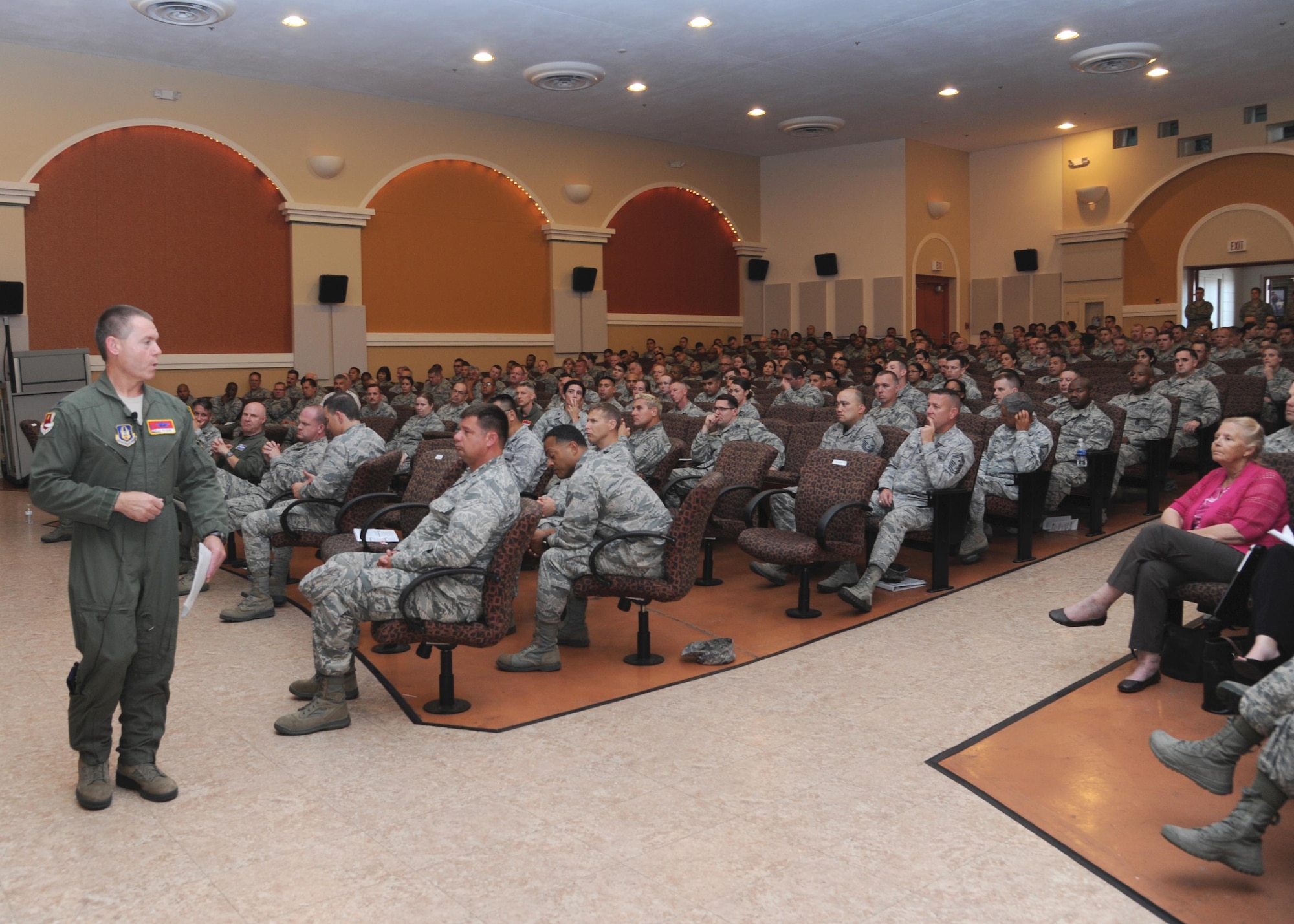 Col. Craig Peters, 940th Air Refueling Wing commander,  addresses Beale Citizen Airmen during a Commander's Call at Beale Air Force Base, California on August 7, 2016. Peters used this opportunity with the majority of the wing together to deliver his new mission statement for the wing. Peters plans to host a Commander's Call every quarter during his tenure as commander. (U.S. Air Force photo by Tech. Sgt. Heather Skinkle)
