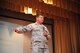Maj. Jason Bredeson, 940th Air Refueling Wing chaplain, addresses the wing during a Commander's Call at Beale Air Force Base, California on August 7, 2016. Chaplain Bredeson used his sense of humor to captivate the audience with a story about his new puppy while also delivering useful information on chaplain services for Citizen Airmen. (U.S. Air Force photo by Tech. Sgt. Heather Skinkle)