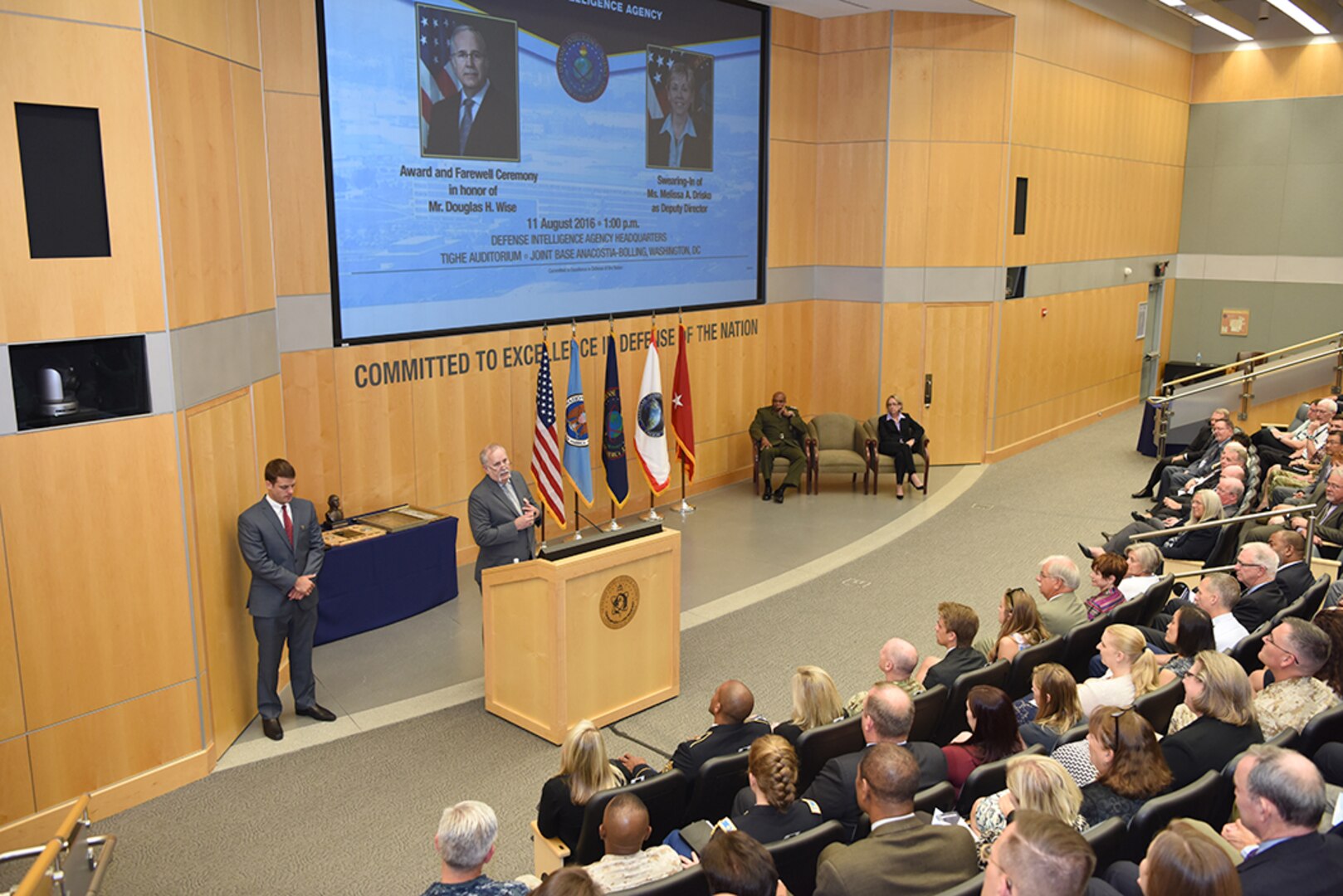 DIA Director Lt. Gen. Vincent Stewart awarded former deputy director, Doug Wise, the Defense Intelligence Director’s Award during Wise’s retirement ceremony at DIA Headquarters Aug. 11.