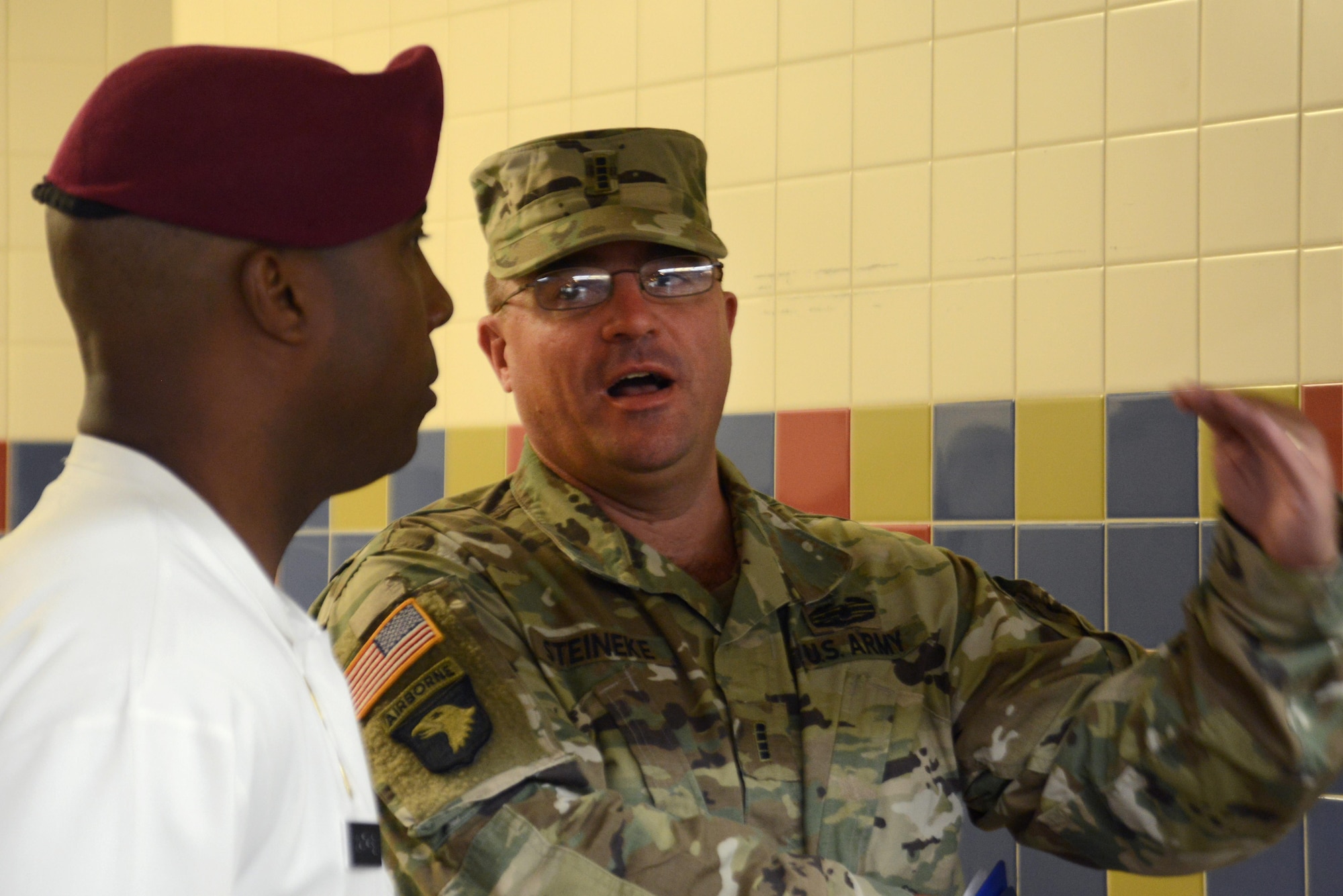 Chief Warrant Officer 4 Curtis Steineke, 402nd Army Field Support Brigade regional food program manager and a Philip A. Connelly competition evaluator, inspects the Wilderness Inn dining facility at Joint Base Elmendorf-Richardson, Alaska, Aug. 3, 2016. The Philip A. Connelly award provides recognition for excellence in the preparation and serving of food in Army dining facilities and during field kitchen operations. (U.S. Air Force photo by Airman 1st Class Christopher R. Morales)