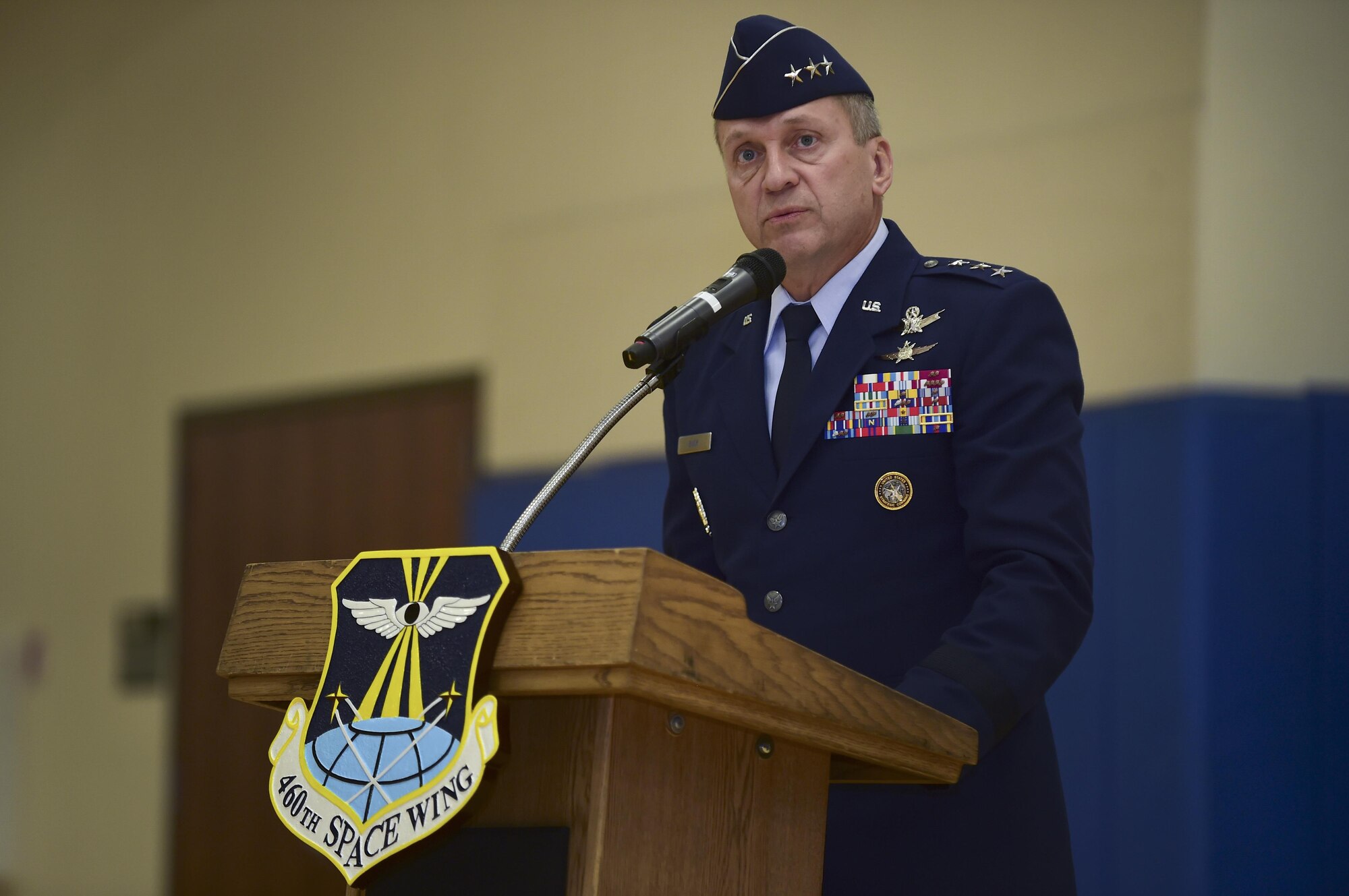 Lt. Gen. David J. Buck, Commander, 14th Air Force (Air Forces Strategic), Air Force Space Command; and Commander, Join Functional Component Command for Space, U.S. Strategic Command speaks August 12, 2016, during the 460th Space Wing change of command ceremony at the Buckley Fitness Center on Buckley Air Force Base, Colo. Buckley AFB defends America through its air operations, space-based missile warning capabilities, space surveillance operations, space communications operations and support functions. (U.S. Air Force photo by Airman 1st Class Gabrielle Spradling/Released)