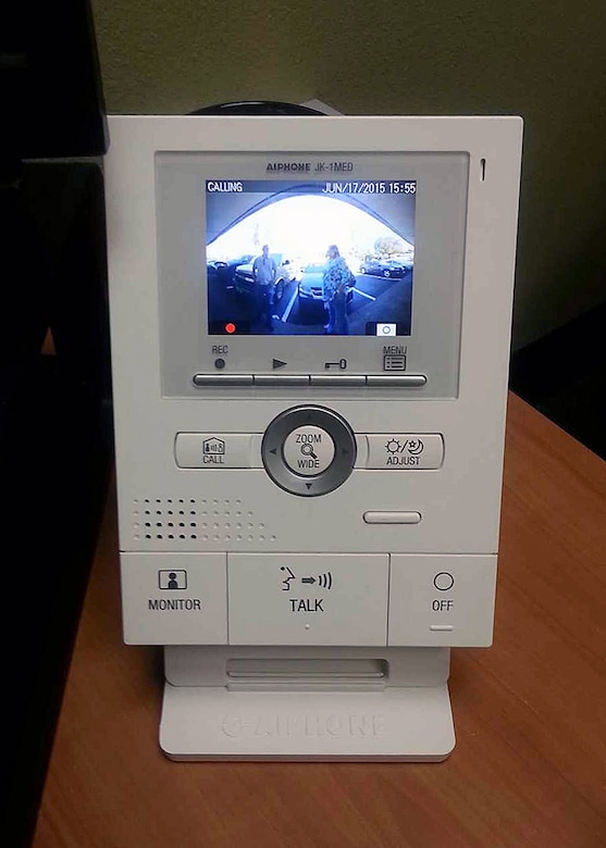 An intercom entry access control system is seen at an Armed Forces Recruiting Center. The system is just one of many measures being put in place to help make recruiting centers safer.