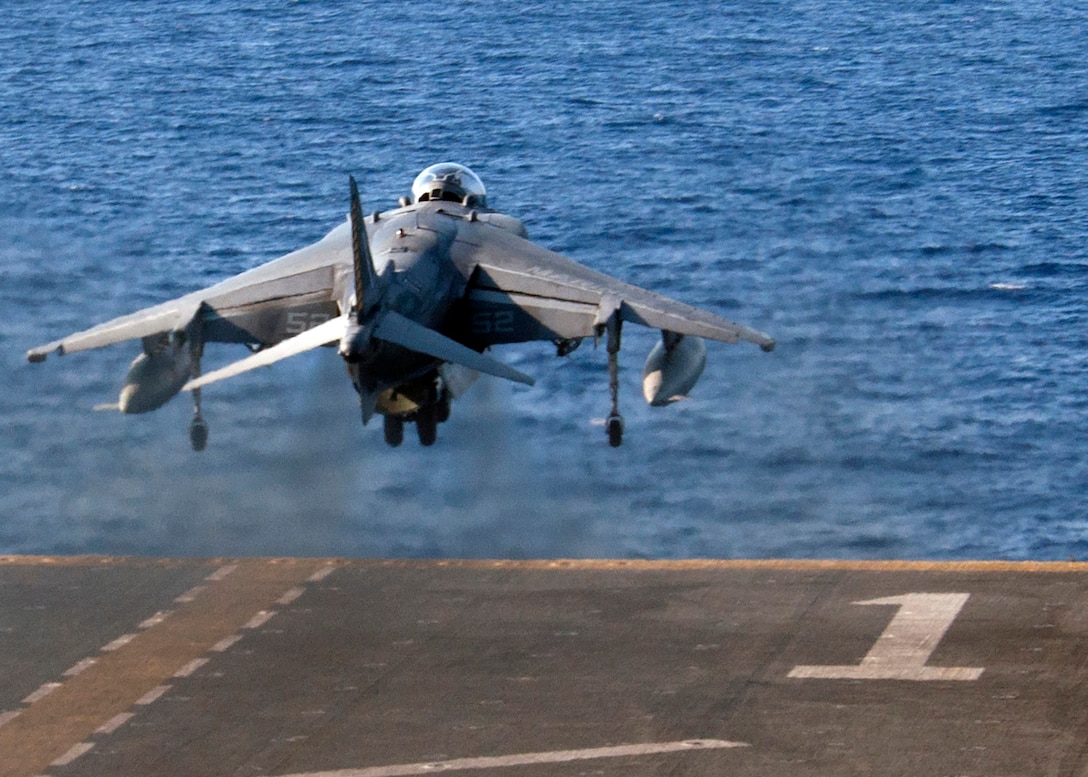 An AV-8B Harrier assigned to the 22nd Marine Expeditionary Unit takes off from the flight deck of the amphibious assault ship USS Wasp in the Mediterranean Sea, Aug. 10, 2016. The 22nd MEU, embarked on Wasp, is conducting precision air strikes in support of the Libyan Government of National Accord-aligned forces against ISIL targets in Sirte, Libya, as part of Operation Odyssey Lightning. Navy photo by Petty Officer 3rd Class Rawad Madanat