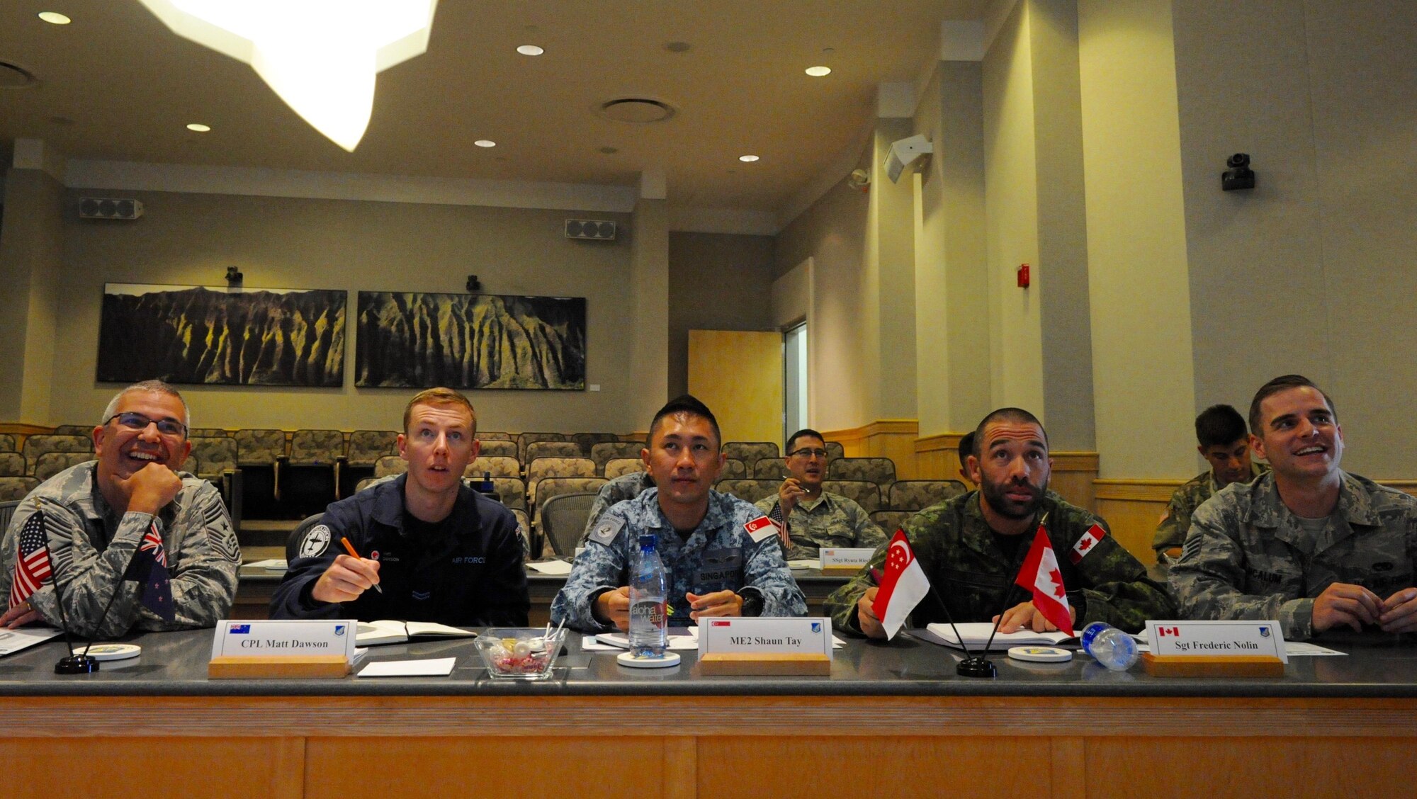 Pacific Rim Junior Enlisted Leadership Forum (JELF) participants work together to complete a group activity during the first U.S. led JELF at Joint Base Pearl Harbor-Hickam, Hawaii, Aug 10. 2016. The forum allowed participants to share experiences about leadership, further strengthening U.S. alliances and partnerships across the Pacific.  (U.S. Air Force photo by Staff Sgt. Kamaile Chan)