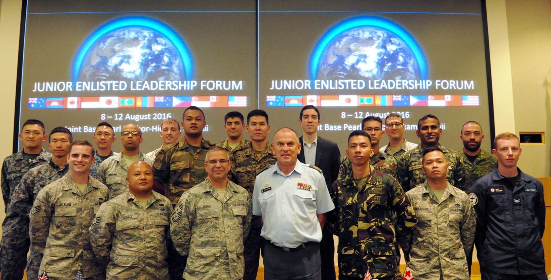 Pacific Rim Junior Enlisted Leadership Forum (JELF) participants pose for a group photo during the first U.S. led JELF at Joint Base Pearl Harbor-Hickam, Hawaii, Aug 10. 2016. The forum allowed participants to share experiences about leadership, further strengthening U.S. alliances and partnerships across the Pacific.  (U.S. Air Force photo by Staff Sgt. Kamaile Chan)