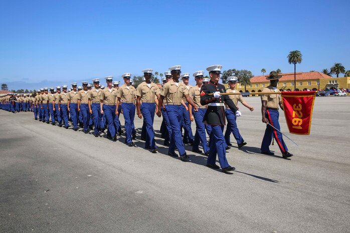 Marines from Mike Company, 3rd Recruit Training Battalion, march as a platoon for the last time on graduation day at Marine Recruit Depot San Diego, Aug. 12. Graduation takes place at the completion of a 13-week transformation including training in drill, marksmanship, basic combat skills and Marine Corps customs and traditions. Annually, more than 17,000 males recruited from the Western Recruiting Region are trained at MCRD San Diego.