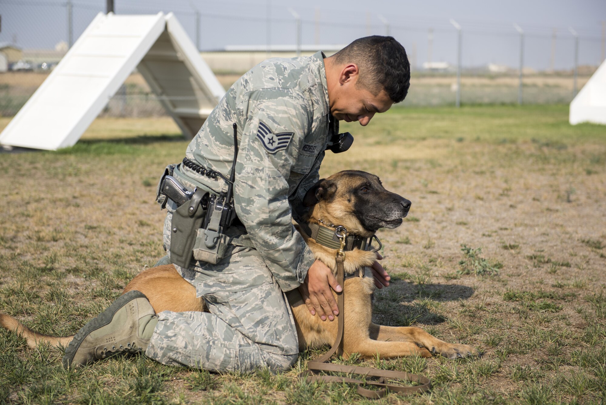 Staff Sgt. Lucas Medelez, 366th Security Forces military working dog handler, pats Vvass, 366th SFS military working dog, after a bite demo Aug. 21, 2015 at Mountain Home Air Force Base, Idaho. Vvass was the first dog Medelez was certified on. (U.S. Air Force photo by Senior Airman Jeremy L. Mosier/Released)