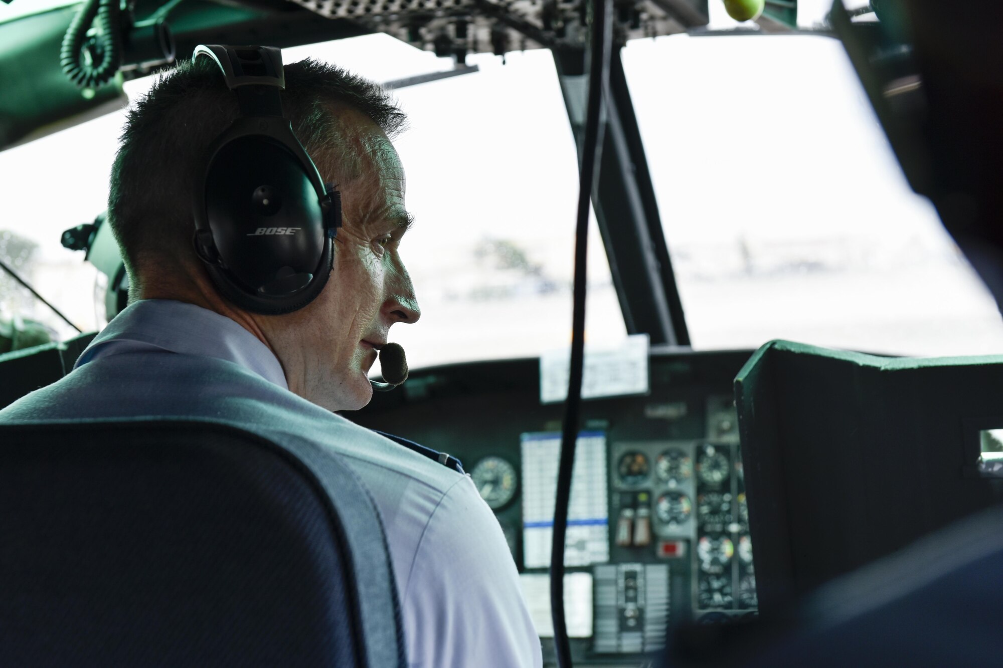 U.S. Air Force Gen. Terrence J. O’Shaughnessy, Pacific Air Forces commander, looks out the window of a U.S. Air Force UH-1N Iroquois during his visit to Yokota Air Base, Japan, Aug. 8, 2016. During his tour, O’Shaughnessy visited the Air Defense Command, U.S. Embassy and Japan’s Ministry of Defense, along with several facilities at Yokota AB. O’Shaughnessy will also be visiting other installations throughout the Indo-Asia Pacific region. (U.S. Air Force photo by Staff Sgt. Michael Washburn)
