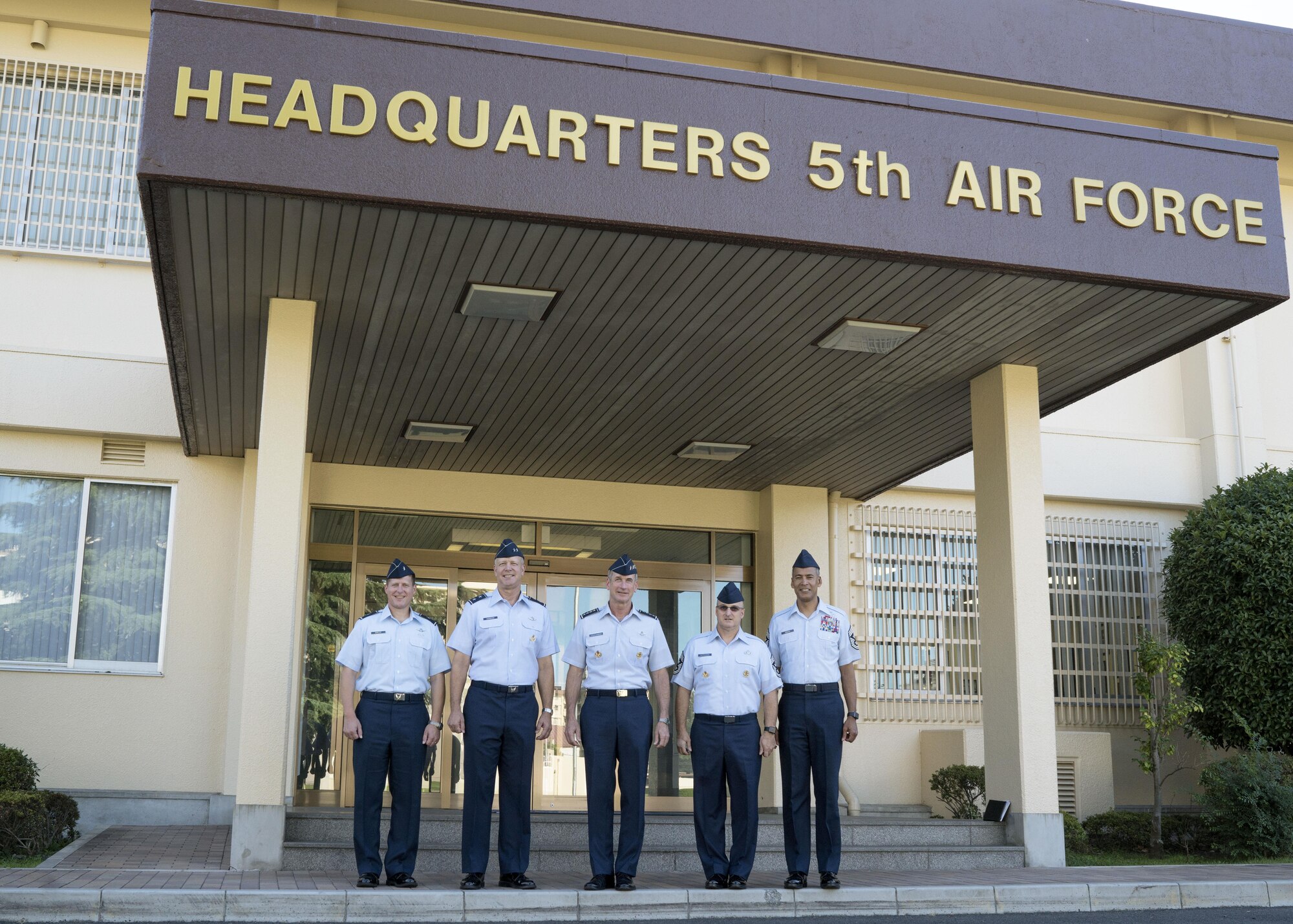 Pacific Air Forces and 5th Air Force leadership pose for a group photo at Yokota Air Base, Japan, Aug. 8, 2016. U.S. Air Force Gen. Terrence J. O’Shaughnessy, Pacific Air Forces commander, visited Yokota as part of his first trip as COMPACAF in the Indo-Asia-Pacific region. (U.S. Air Force photo by Senior Airman Delano Scott)  