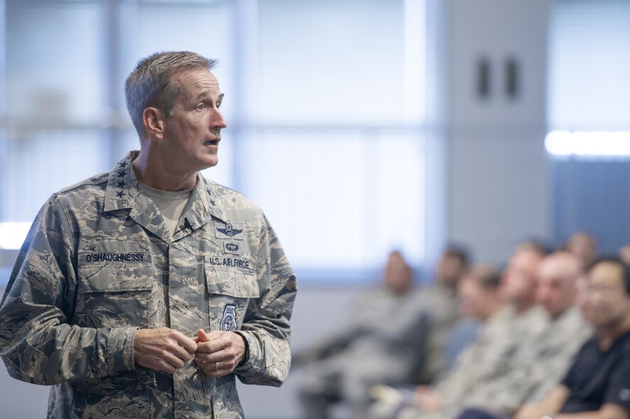 U.S. Air Force Gen. Terrence J. O'Shaughnessy, Pacific Air Forces commander, speaks with Yokota Airmen during an Airman’s call at Yokota Air Base, Japan, Aug. 10, 2016. During the Airman’s call, O'Shaughnessy addressed several issues that are important to him, including Airmen’s continued ambassadorship to their host nation of Japan. (U.S. Air Force photo by Senior Airman Delano Scott)  
