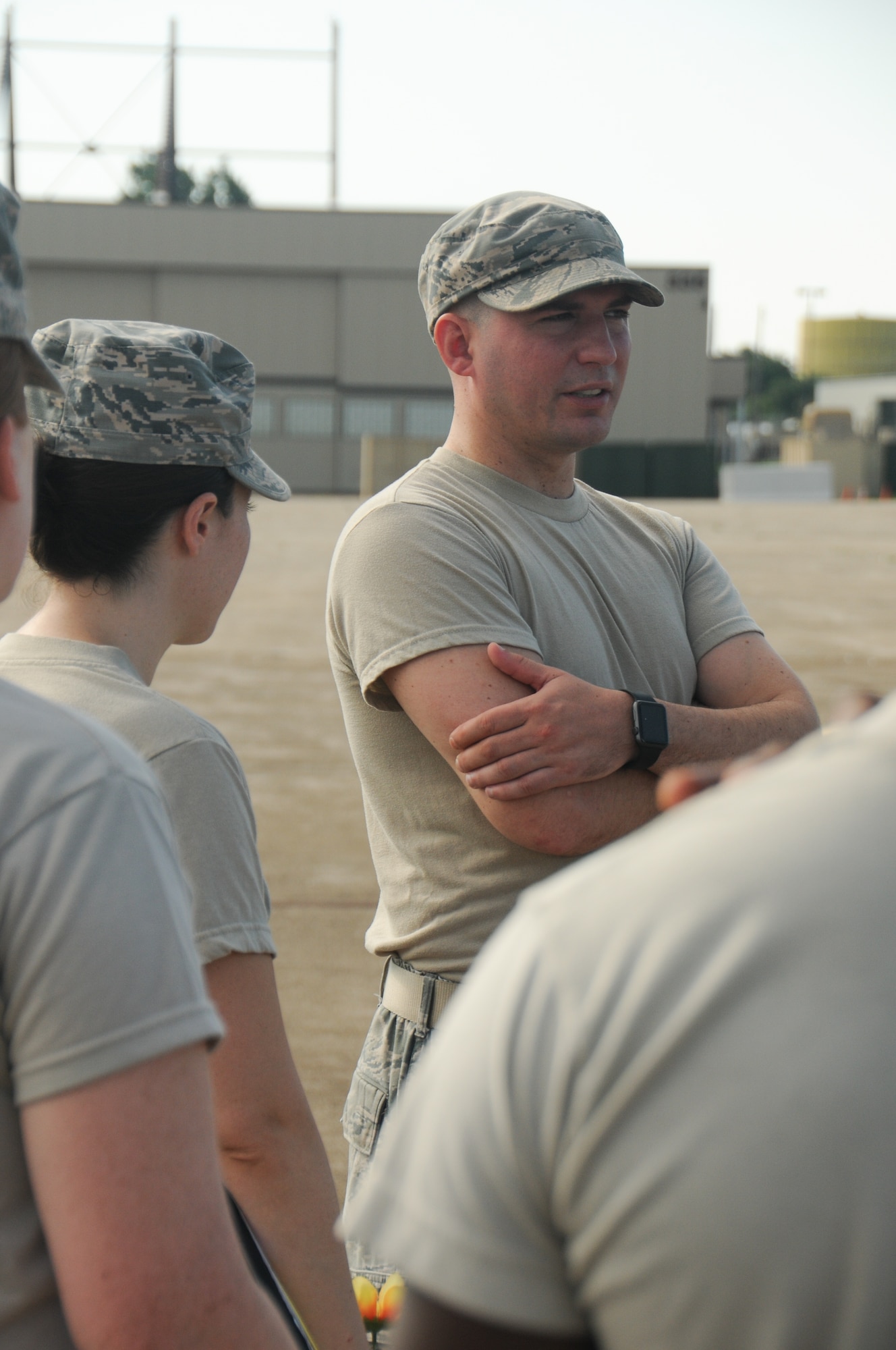 Tech. Sgt. Ryan Maloney, the 111th Attack Wing fitness NCO in charge, stands with members of the 111th Force Support Squadron Services Flight while administering a fitness assessment at Horsham Air Guard Station, Pa., Aug. 13, 2016.  Maloney helped to spearhead the upcoming Military Color Fun Run slated for Oct. 15, 2016. (U.S. Air National Guard photo by Senior Airman Timi Jones)