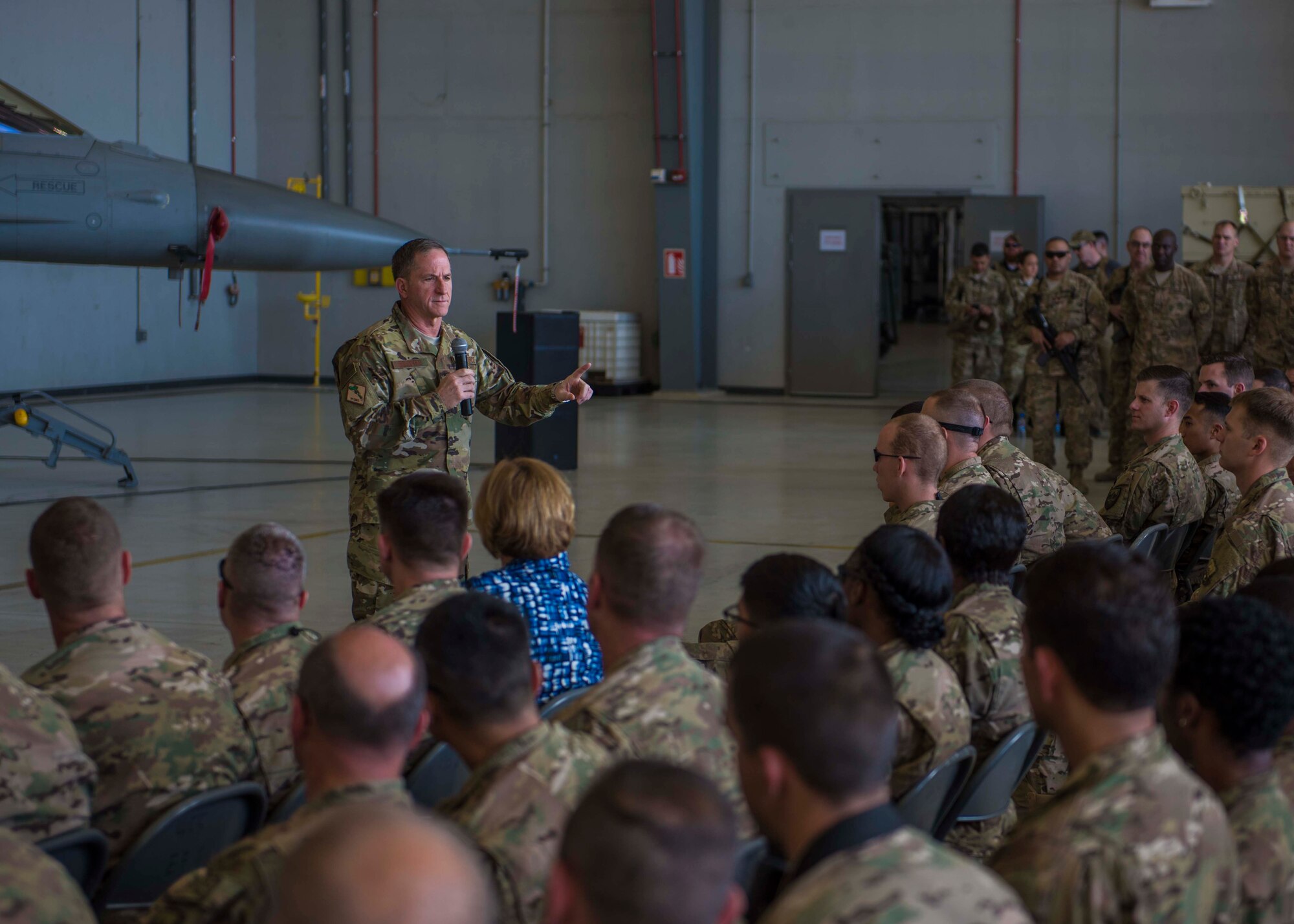 Air Force Chief of Staff Gen. David L. Goldfein speaks during an all call, Bagram Airfield, Afghanistan, Aug. 13, 2016. In his first visit as Chief of Staff to Bagram, Goldfein recognized several Airmen for outstanding performance and met with servicemembers to talk about his top priorities and the future of the Air Force. (U.S. Air Force photo by Senior Airman Justyn M. Freeman)