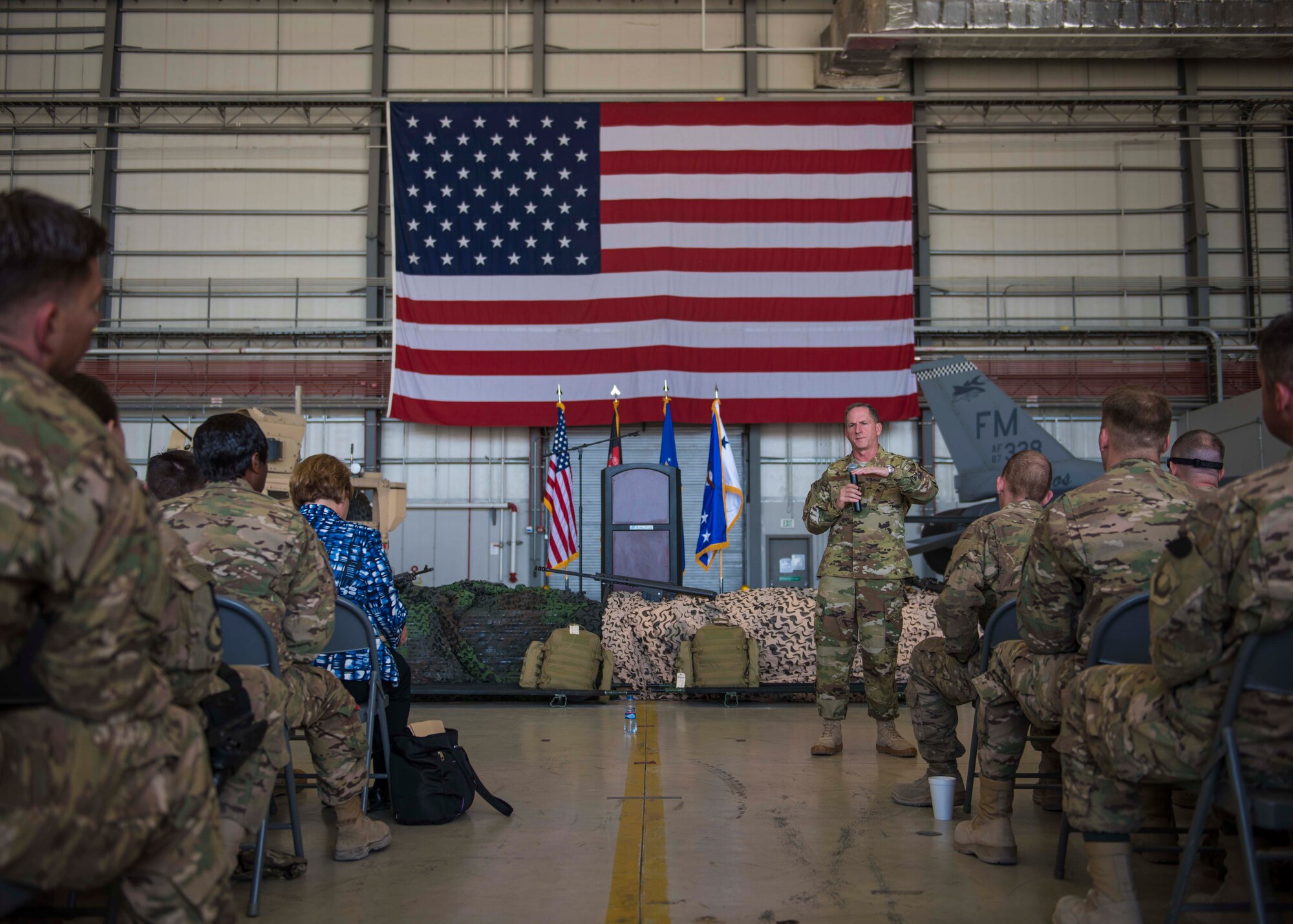 Air Force Chief of Staff Gen. David L. Goldfein speaks during an all call, Bagram Airfield, Afghanistan, Aug. 13, 2016. Goldfein addressed the future of the Air Force, advances in cyber space and increasing readiness. During his visit, he also recognized several Airmen for outstanding performance. (U.S. Air Force photo by Senior Airman Justyn M. Freeman)