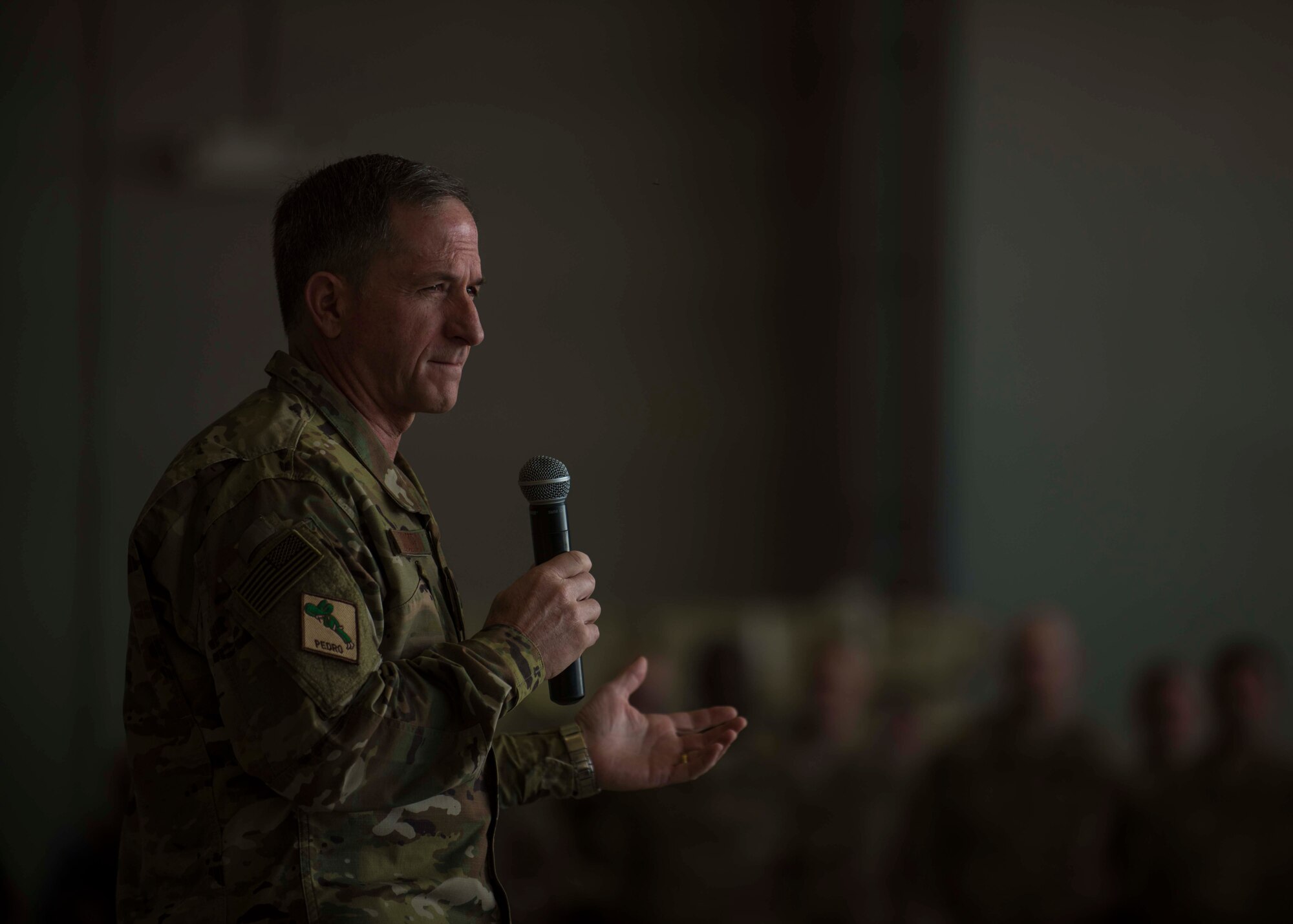 Air Force Chief of Staff Gen. David L. Goldfein speaks during an all call, Bagram Airfield, Afghanistan, Aug. 13, 2016. In his first visit as Chief of Staff to Bagram, Goldfein recognized several Airmen for outstanding performance and held an all call to talk about his top priorities and the future of the Air Force. (U.S. Air Force photo by Senior Airman Justyn M. Freeman)