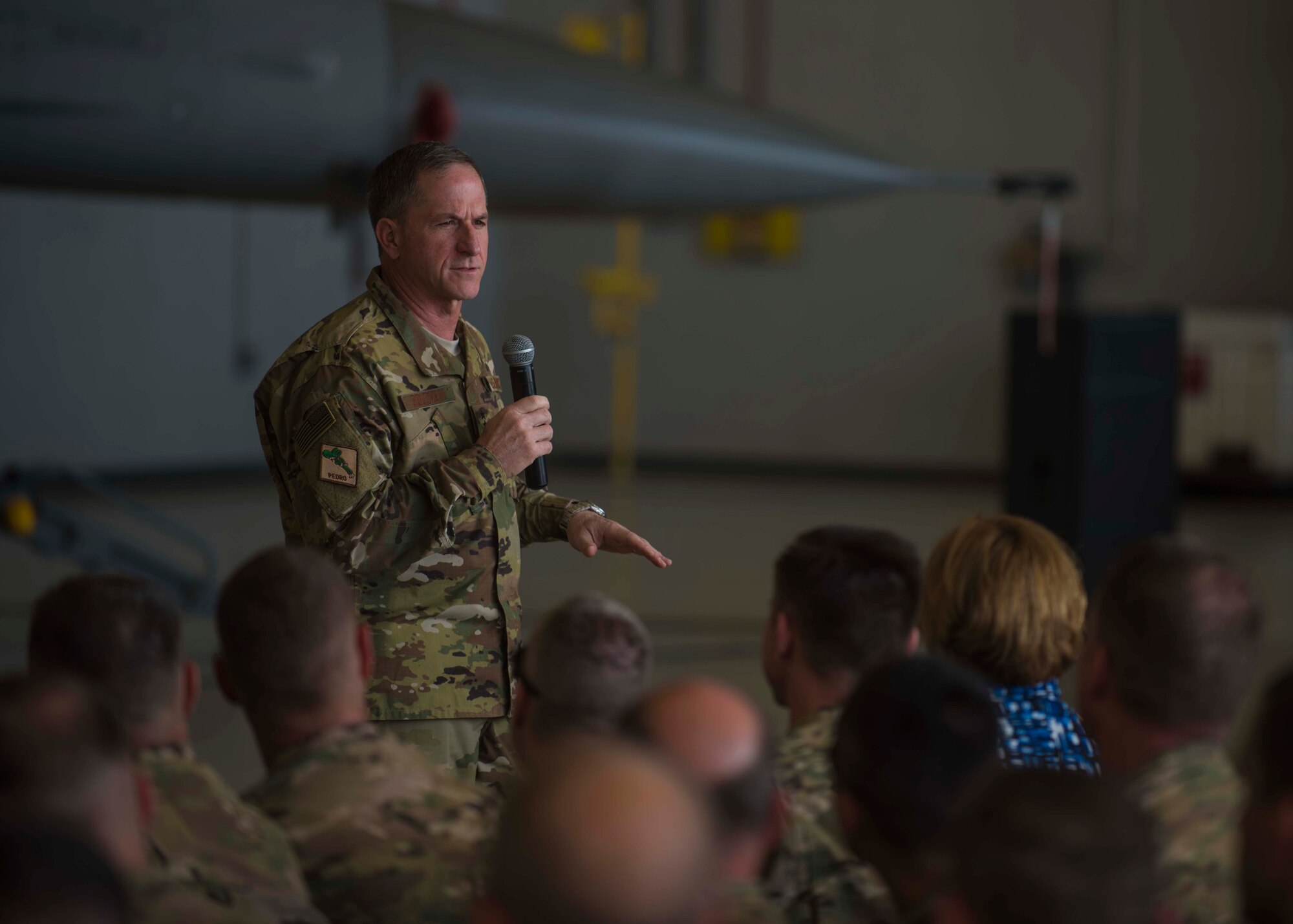 Air Force Chief of Staff Gen. David L. Goldfein speaks during an all call, Bagram Airfield, Afghanistan, Aug. 13, 2016. Goldfein addressed the future of the Air Force, advances in cyber space and increasing readiness. During his visit, he also recognized several Airmen for outstanding performance. (U.S. Air Force photo by Senior Airman Justyn M. Freeman)